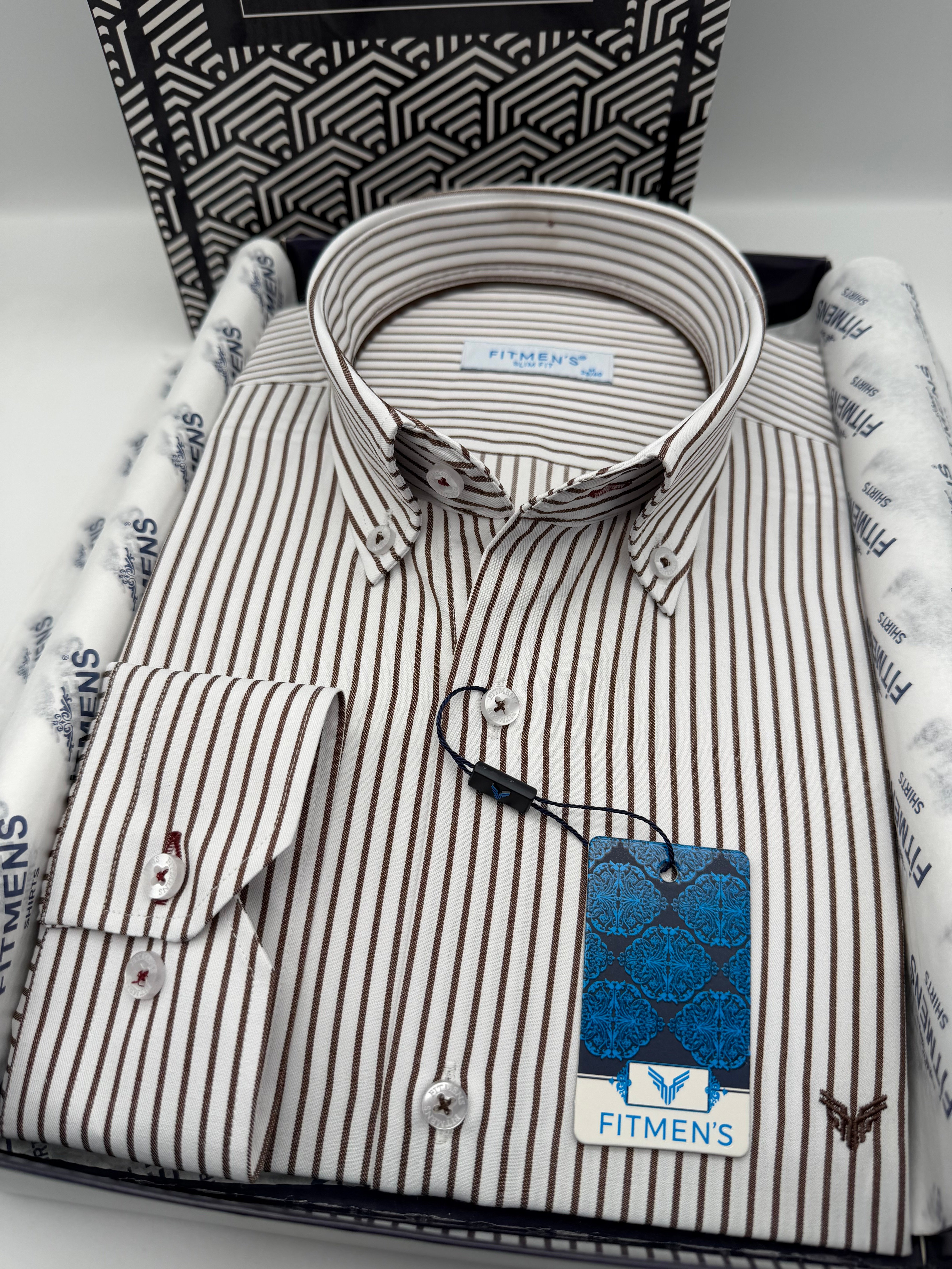 Slim Fit Uzun Kol Premium Çizgili Yaka Düğmeli Hediye Kutulu Erkek Gömlek FS-004440 - Kahverengi