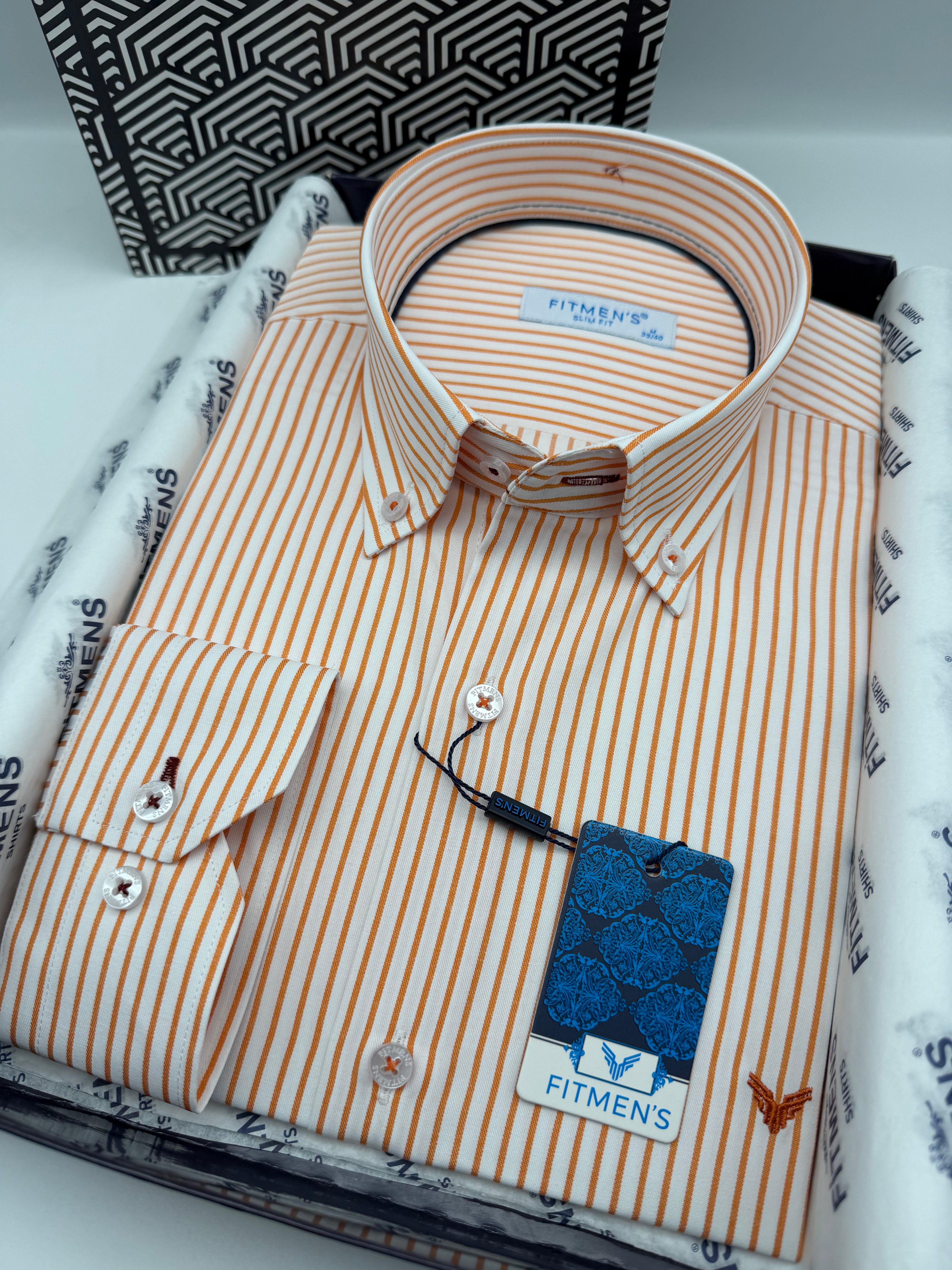 Slim Fit Uzun Kol Premium Çizgili Yaka Düğmeli Hediye Kutulu Erkek Gömlek FS-004440 - Oranj