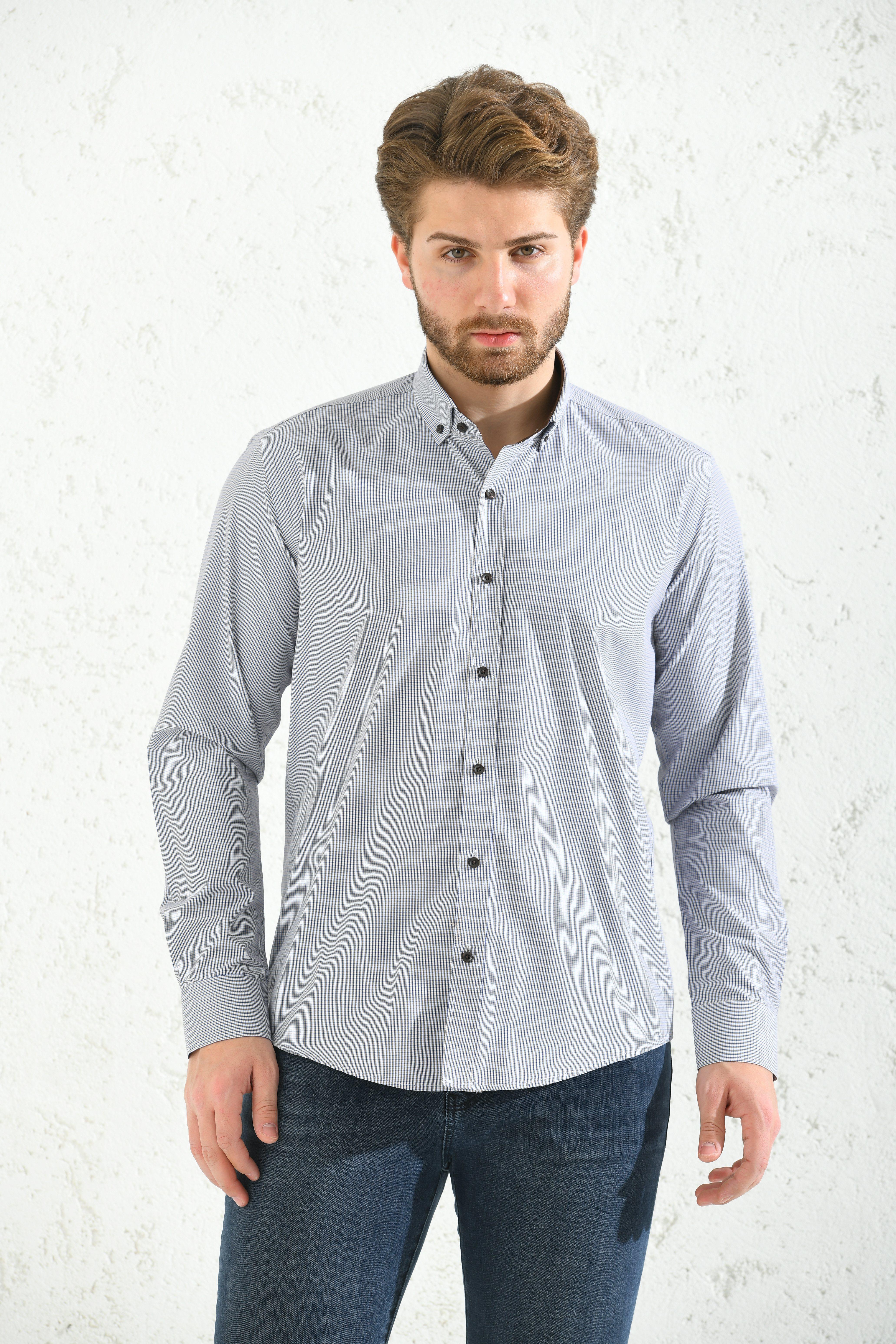 Slim Fit Uzun Kol Pöti Kareli Yaka Düğmeli Hediye Kutulu Erkek Gömlek FS-001373 - Kahverengi