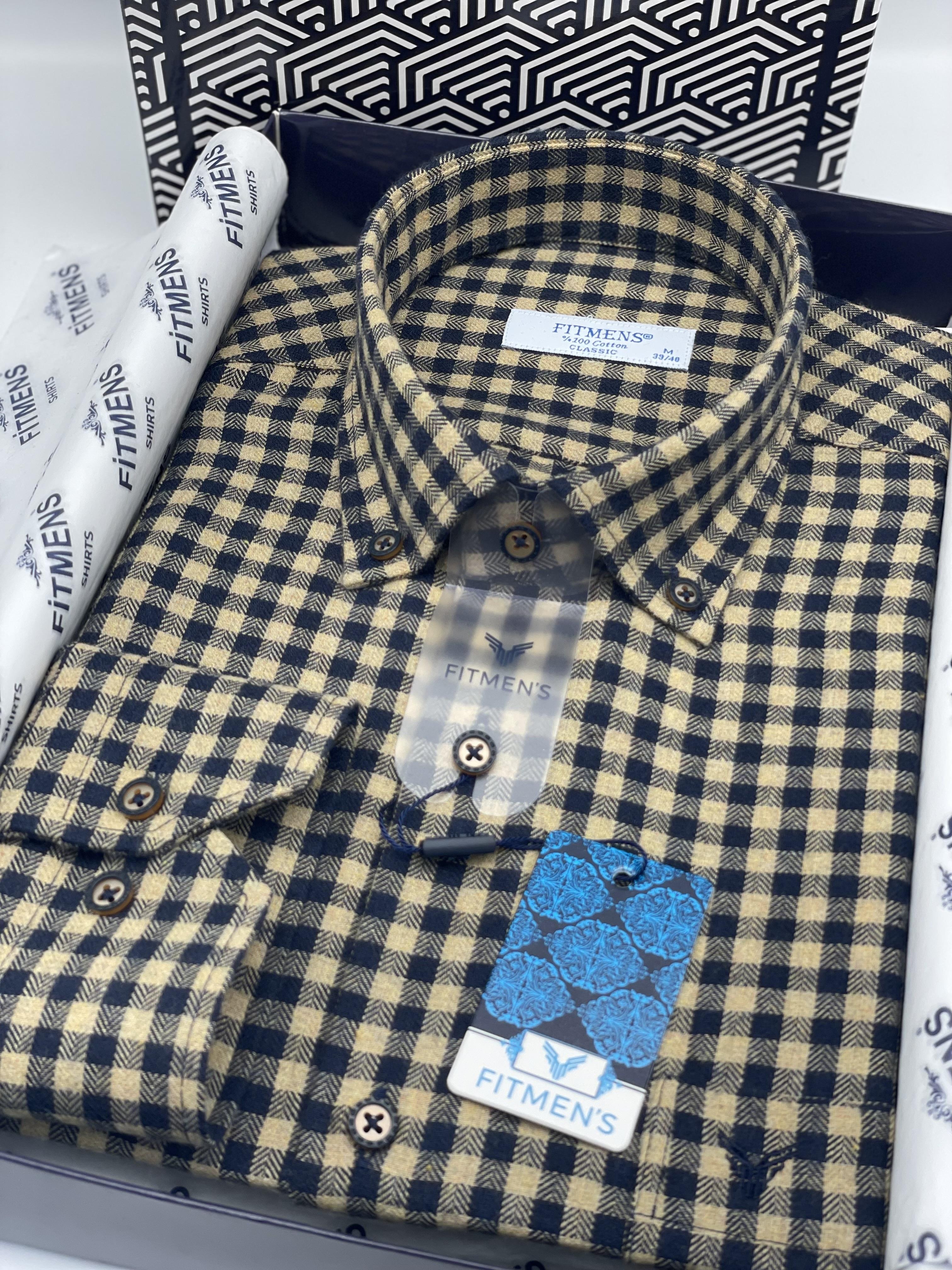 Klasik Uzun Kol Kışlık %100 Cotton Kareli Yaka Düğmeli Pamuklu Hediye Kutulu Erkek Gömlek FS-003128 - Kahverengi