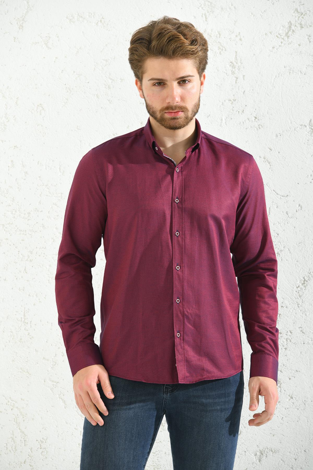 Slim Fit Uzun Kol Oxford Hediye Kutulu Kolay Ütülenebilir Erkek Gömlek - Bordo