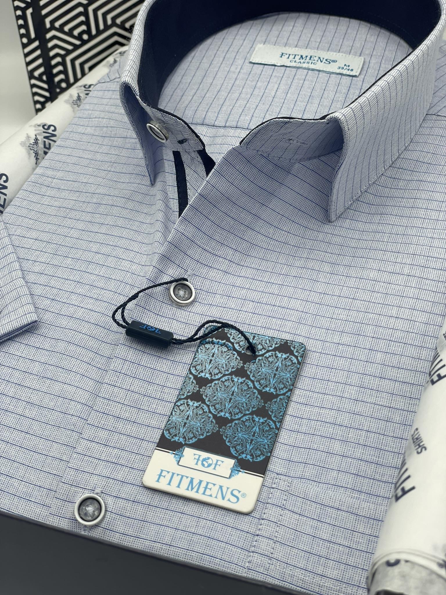 Klasik Kısa Kol Keten Cotton Kareli Pamuk Hediye Kutulu Erkek Gömlek FS-003009 - Mavi