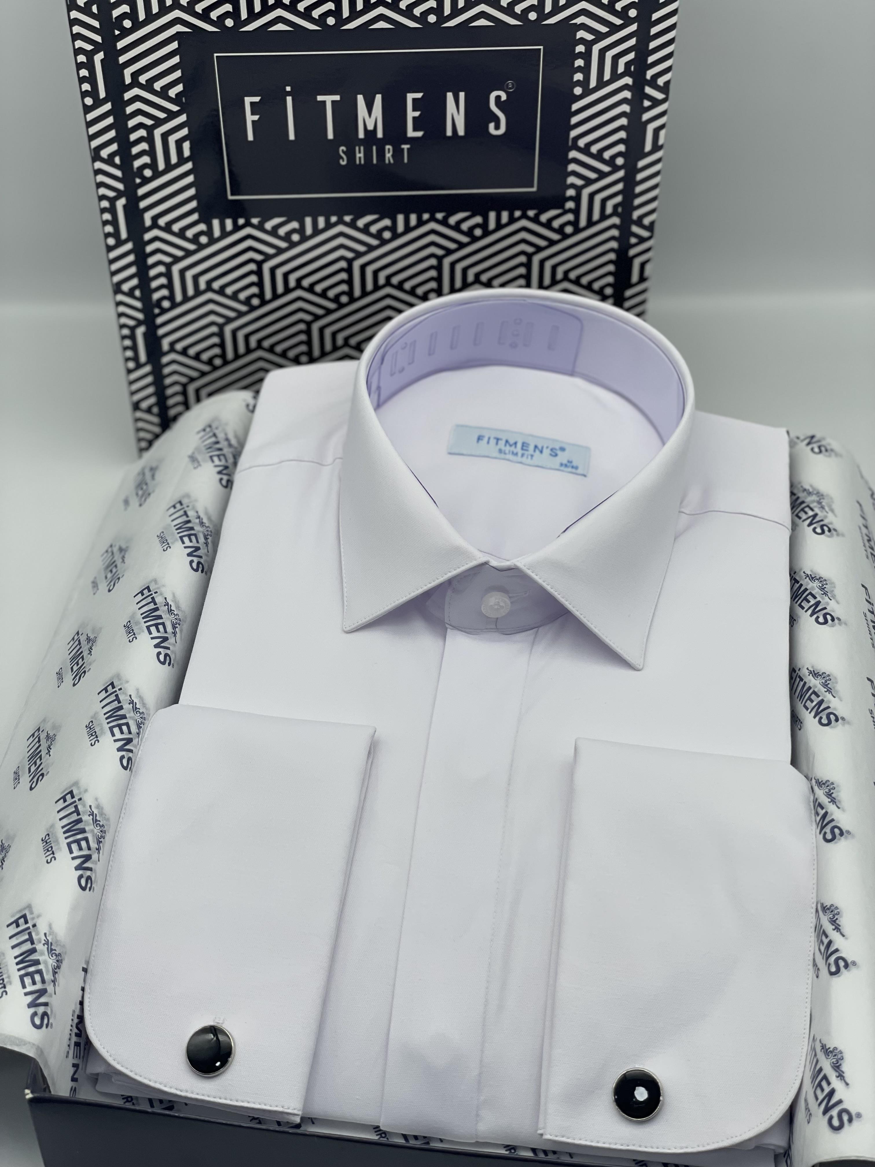 Slim Fit Uzun Kol Gizli Düğmeli Likralı Smokin Damatlık Erkek Gömlek FS-004296 - Beyaz