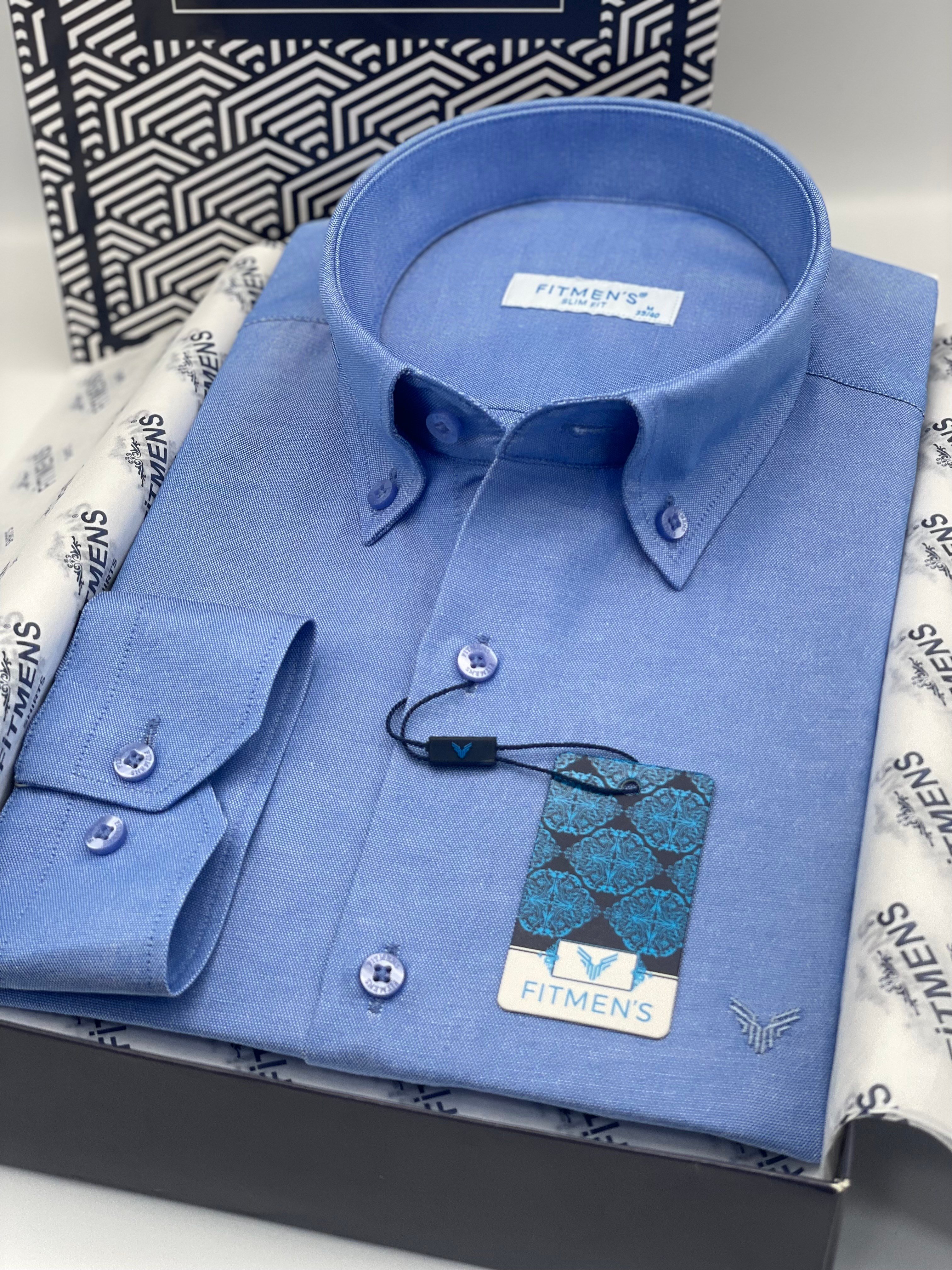 Slim Fit Uzun Kol Pamuklu Hediye Kutulu Kolay Ütülenebilir Erkek Gömlek FS-002225 - Saks Mavi