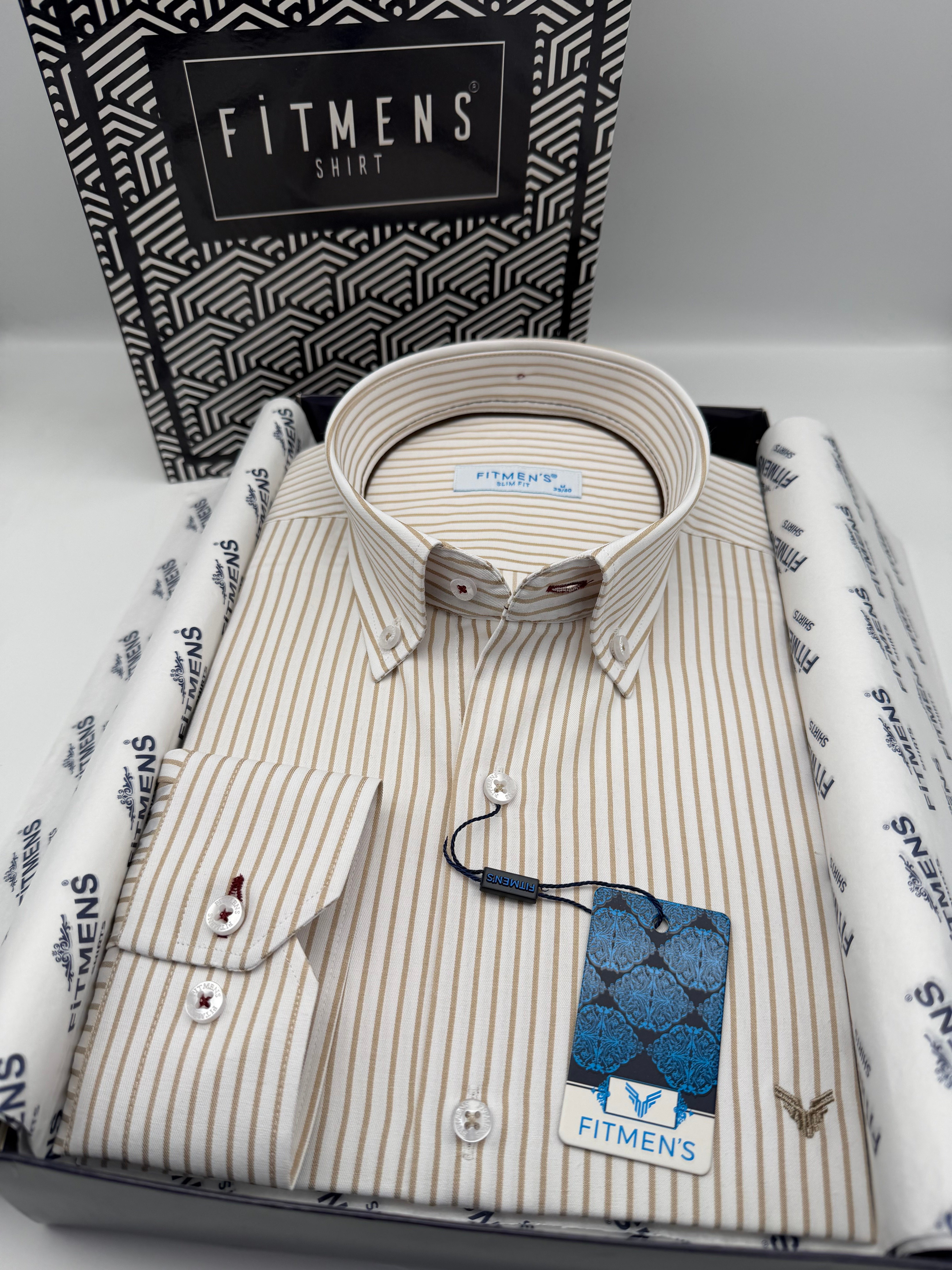 Slim Fit Uzun Kol Premium Çizgili Yaka Düğmeli Hediye Kutulu Erkek Gömlek FS-004440 - Bej