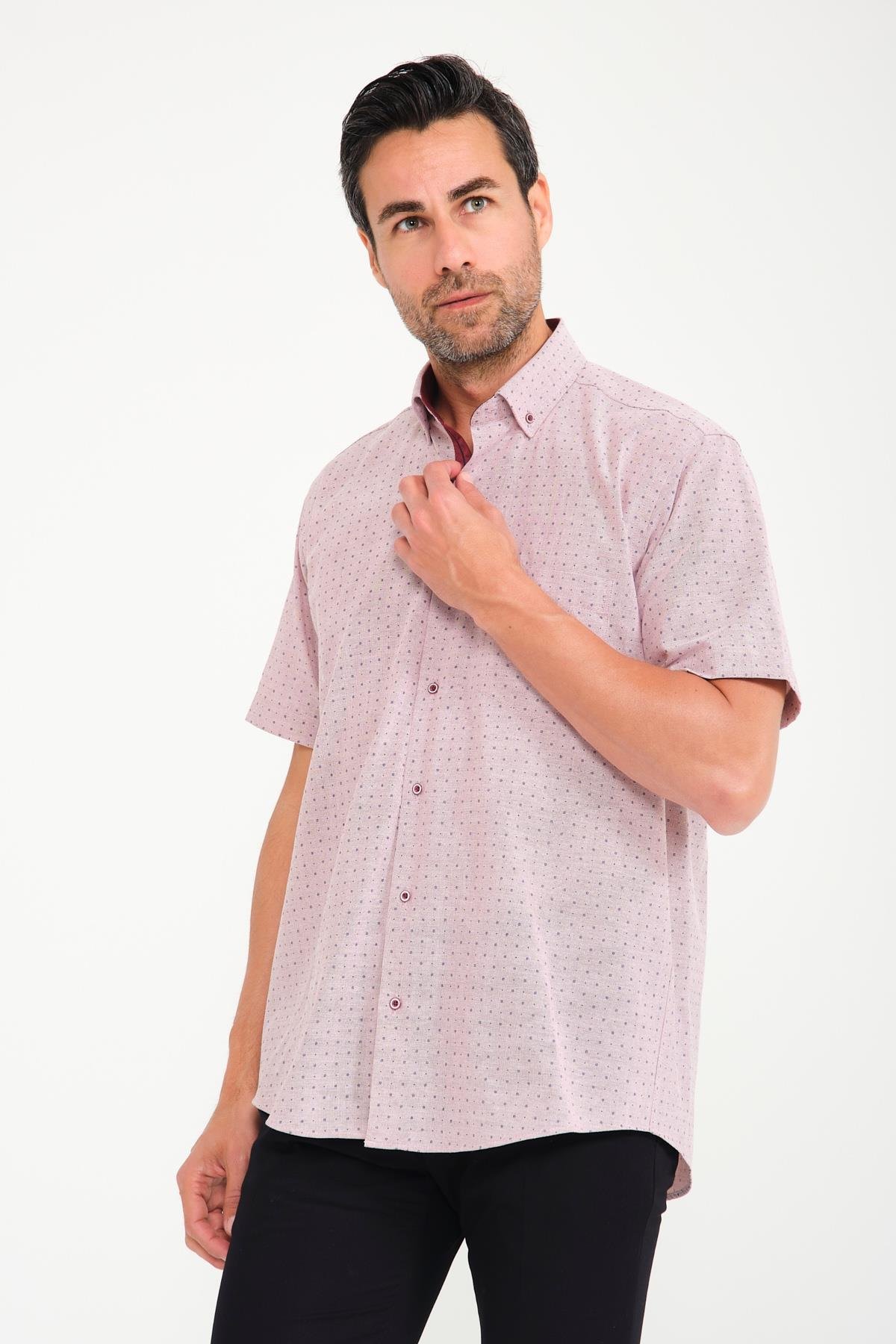 Klasik Kısa Kol Çarpı Filafil Desen Düğmeli Yaka Hediye Kutulu Erkek Gömlek FS-001215 - Bordo