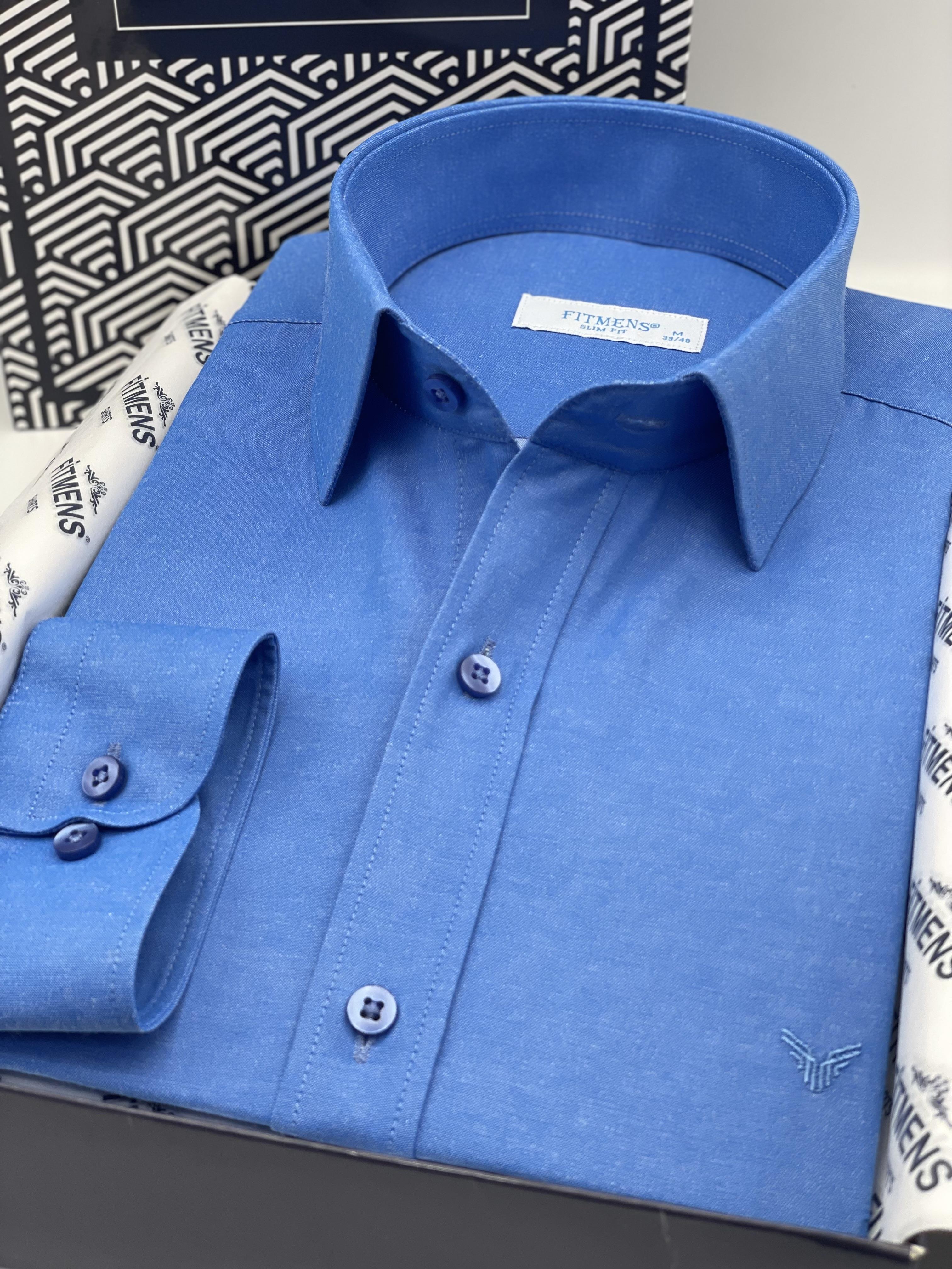 Slim Fit Uzun Kol Saten Hediye Kutulu Kolay Ütülenebilir Erkek Gömlek FS-002968 - Saks Mavi