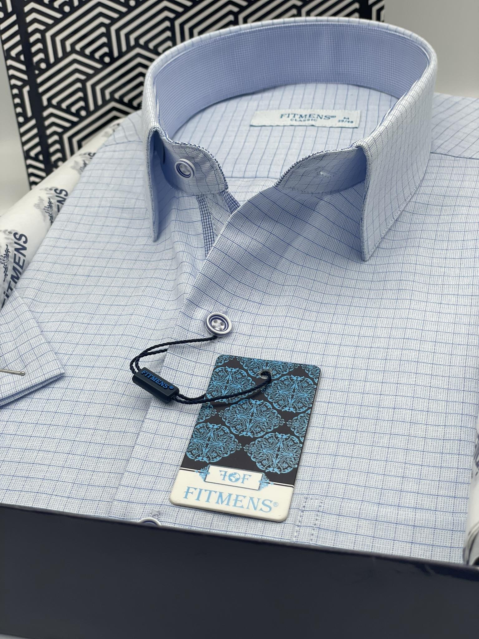 Klasik Kısa Kol Keten Cotton Kareli Pamuk Hediye Kutulu Erkek Gömlek FS-003009 - Açık Mavi