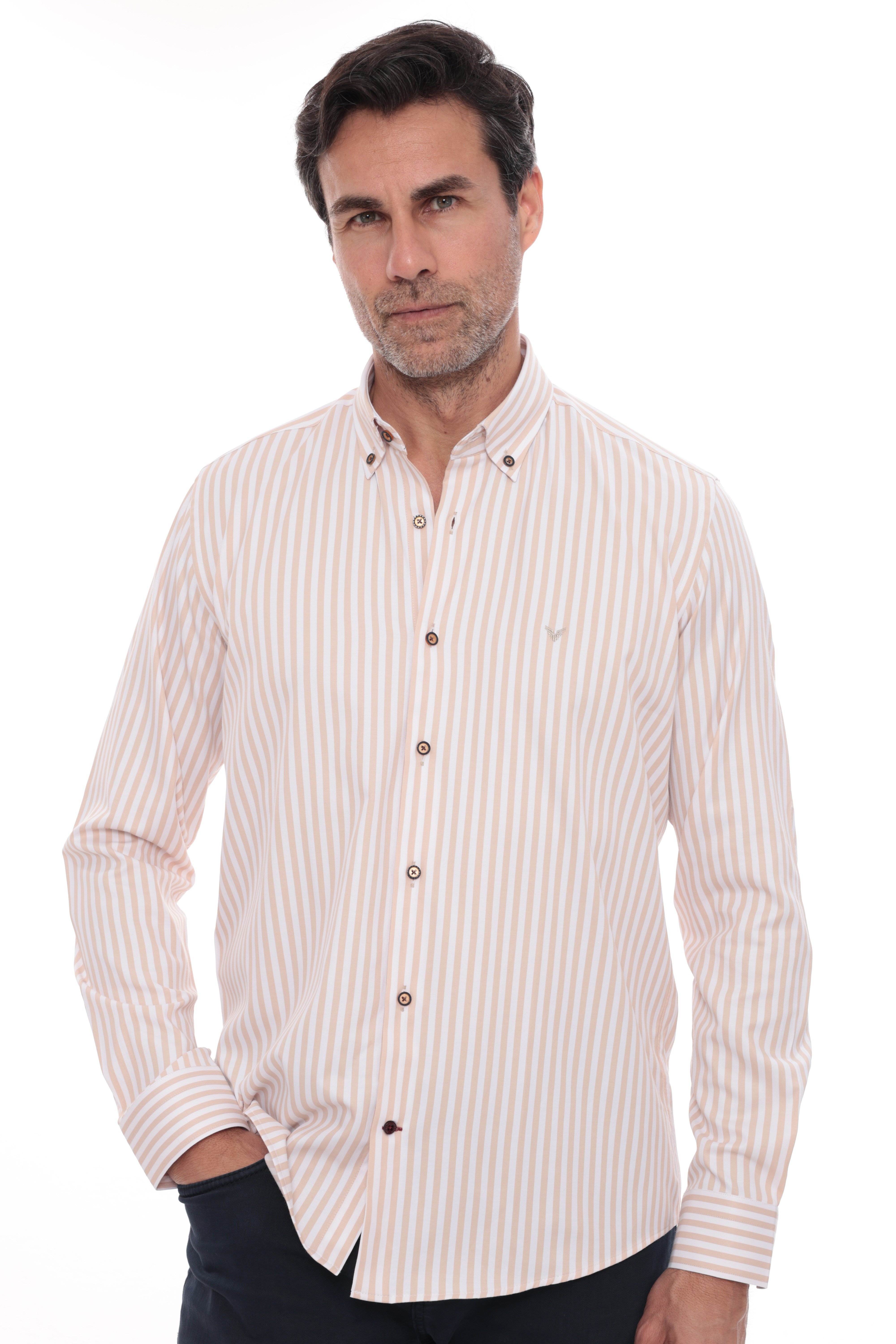 Slim Fit Uzun Kol Likralı Çizgili Yaka Düğmeli Hediye Kutulu Erkek Gömlek FS-003669 - Bej