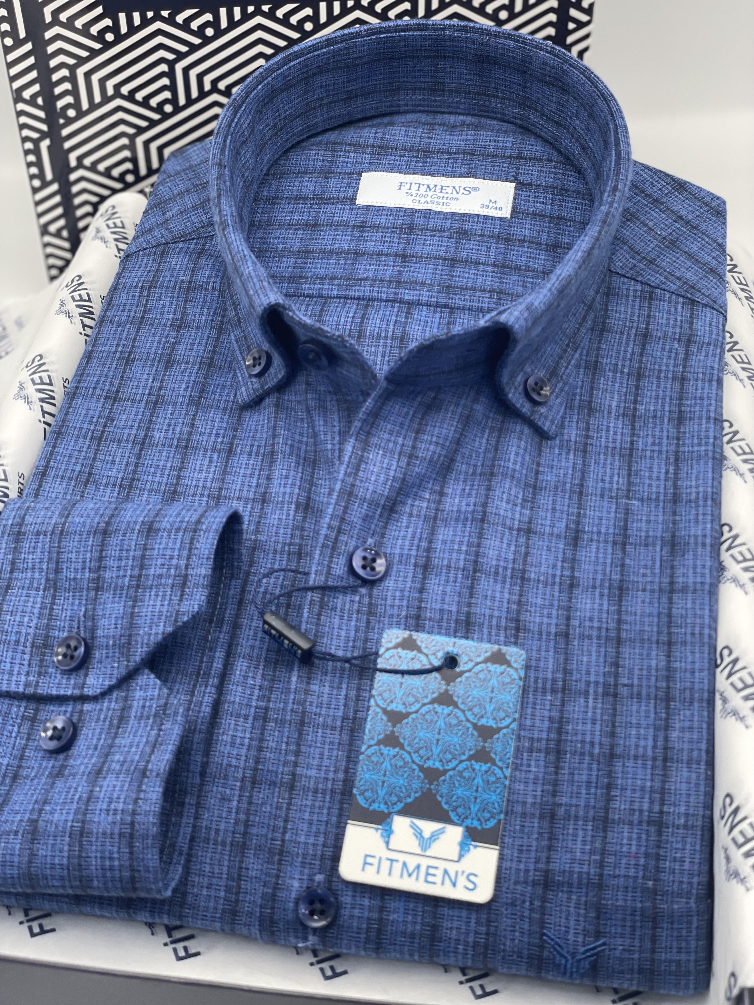 Klasik Uzun Kol Kışlık Kareli Yaka Düğmeli Pamuklu Hediye Kutulu Erkek Gömlek FS-004342 - Saks Mavi