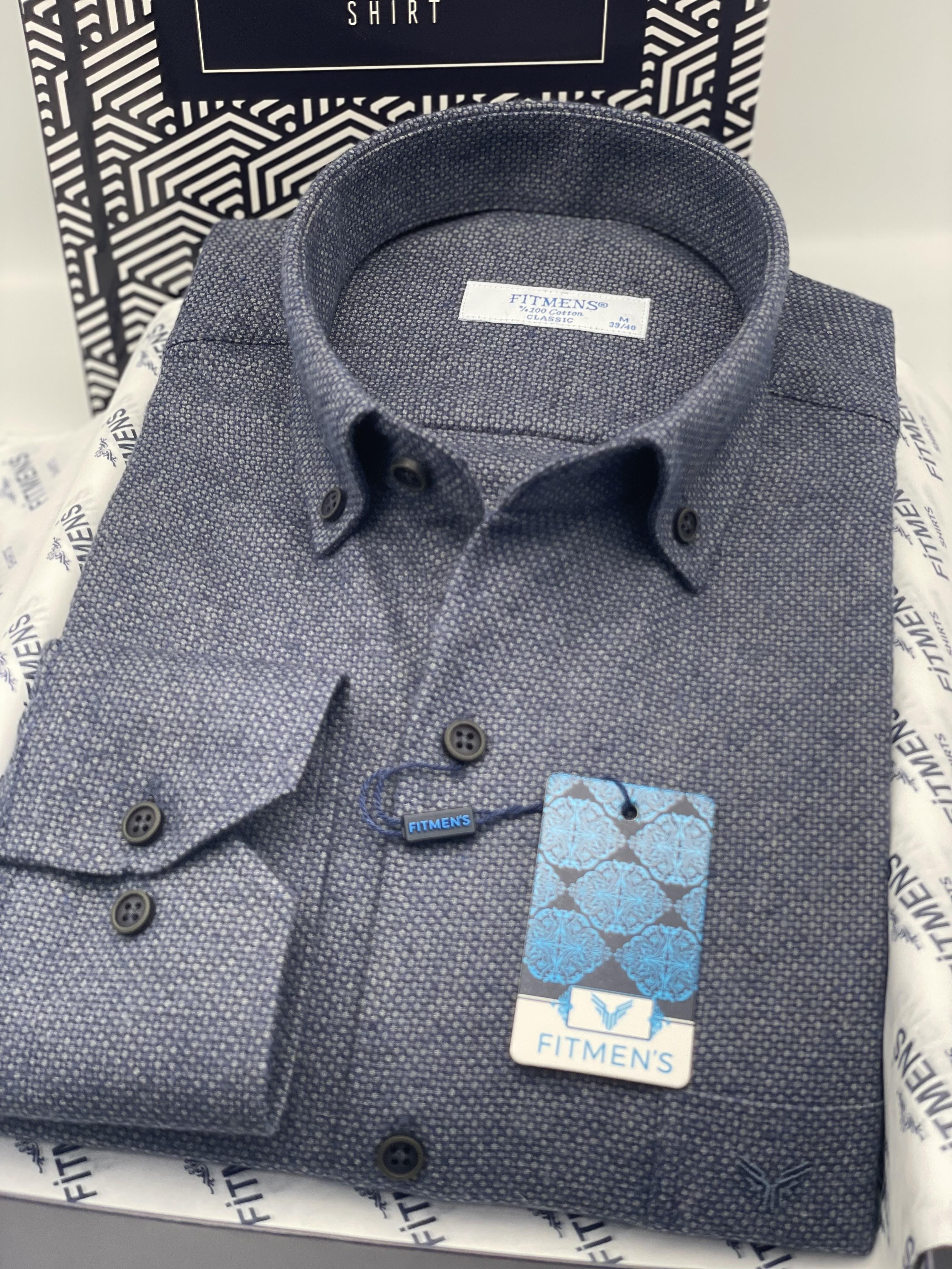 Klasik Uzun Kol Kışlık Kuşgözü Yaka Düğmeli Yünlü %100 Cotton Hediye Kutulu Erkek Gömlek FS-003768 - İndigo