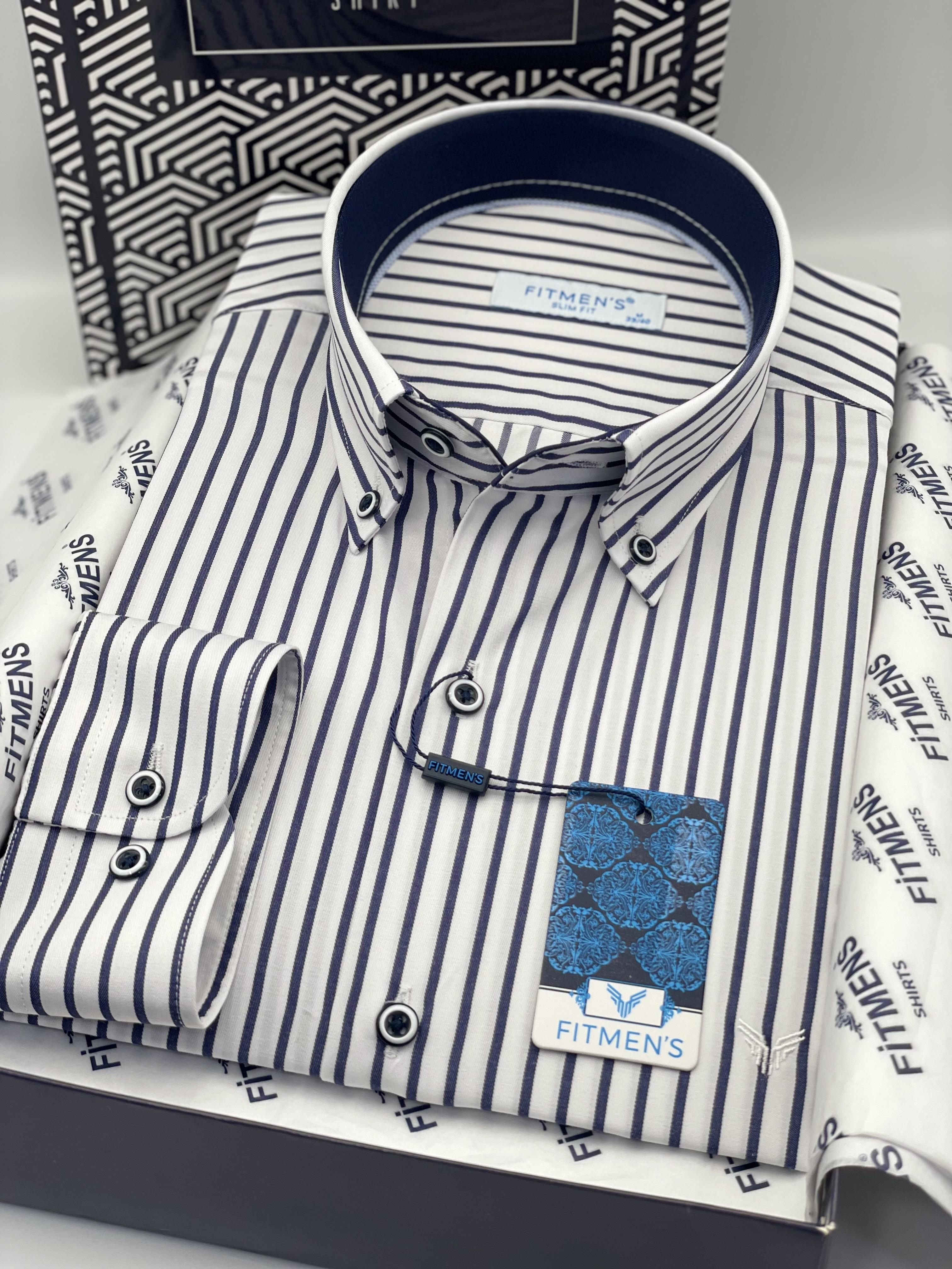 Slim Fit Uzun Kol Premium Kalın Çizgili Yaka Düğmeli Hediye Kutulu Kolay Ütülenebilir Erkek Gömlek FS-001375 - Beyaz Lacivert