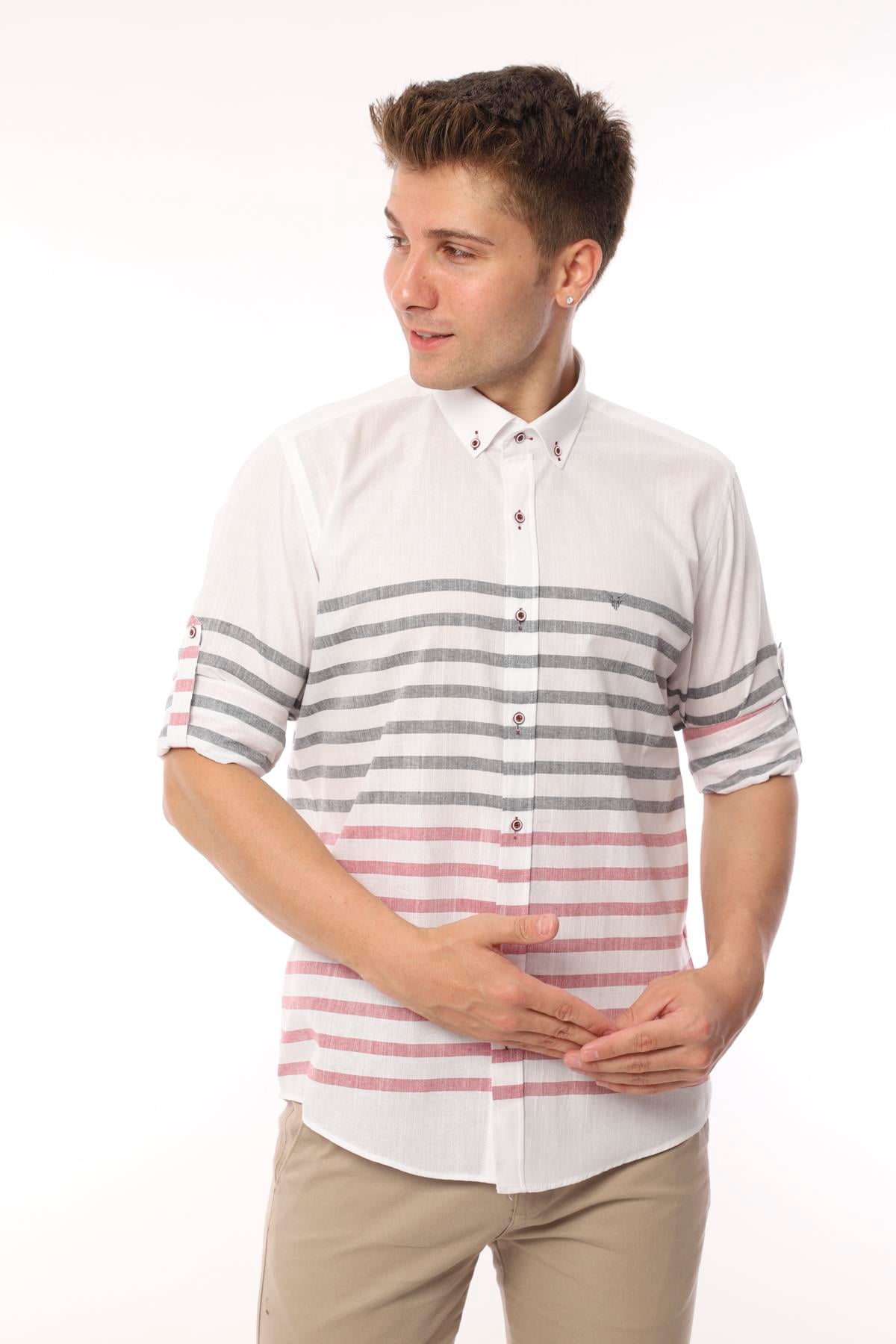 Slim Fit Uzun Kol Panolu Keten Hediye Kutulu Kolay Ütülenebilir Erkek Gömlek FS-002996 - Bordo