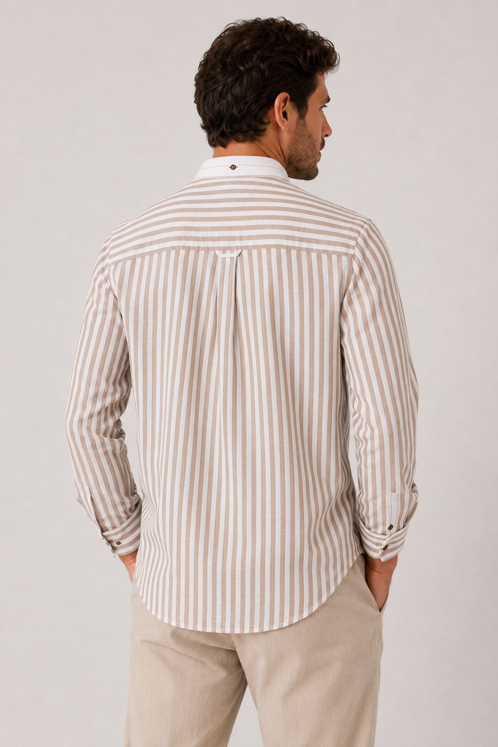 Slim Fit Uzun Kol Keten Likra Çift Desen Cepsiz Hediye Kutulu Erkek Gömlek FS-004577 - Bej