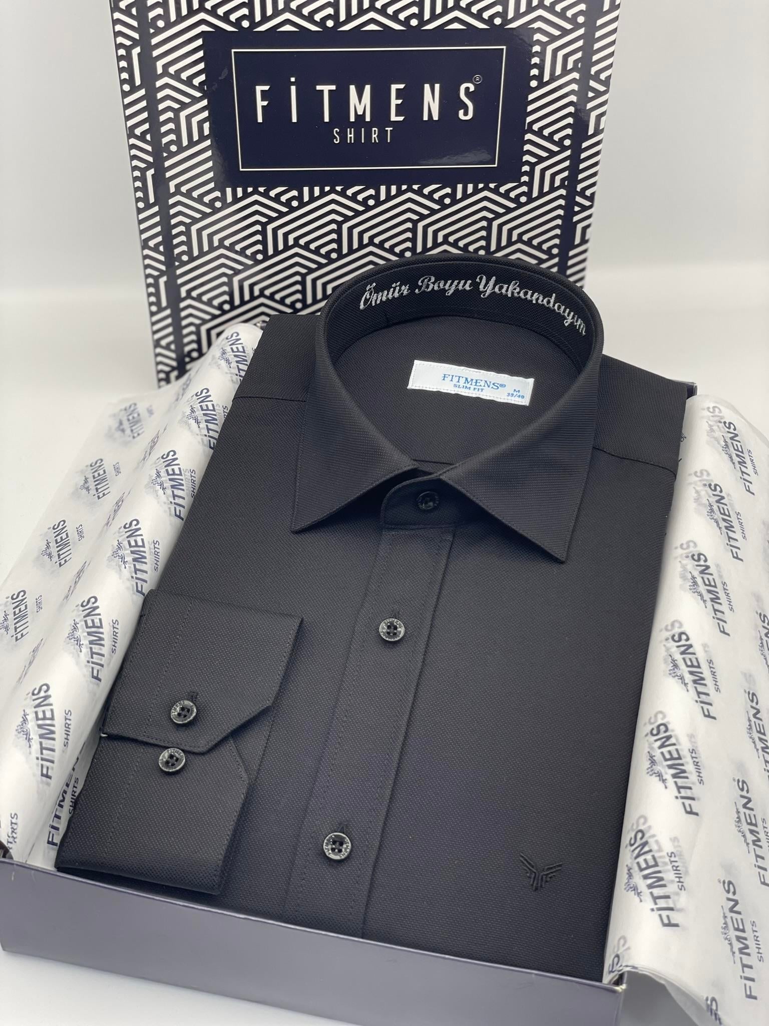 Slim Fit Uzun Kol Ömür Boyu Yakandayım Nakışlı Hediye Kutulu Erkek Gömlek FS-001376 - Siyah