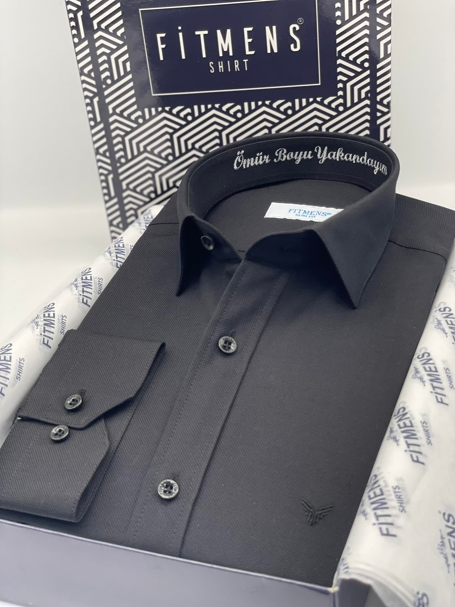 Slim Fit Uzun Kol Ömür Boyu Yakandayım Nakışlı Hediye Kutulu Erkek Gömlek FS-001376 - Siyah
