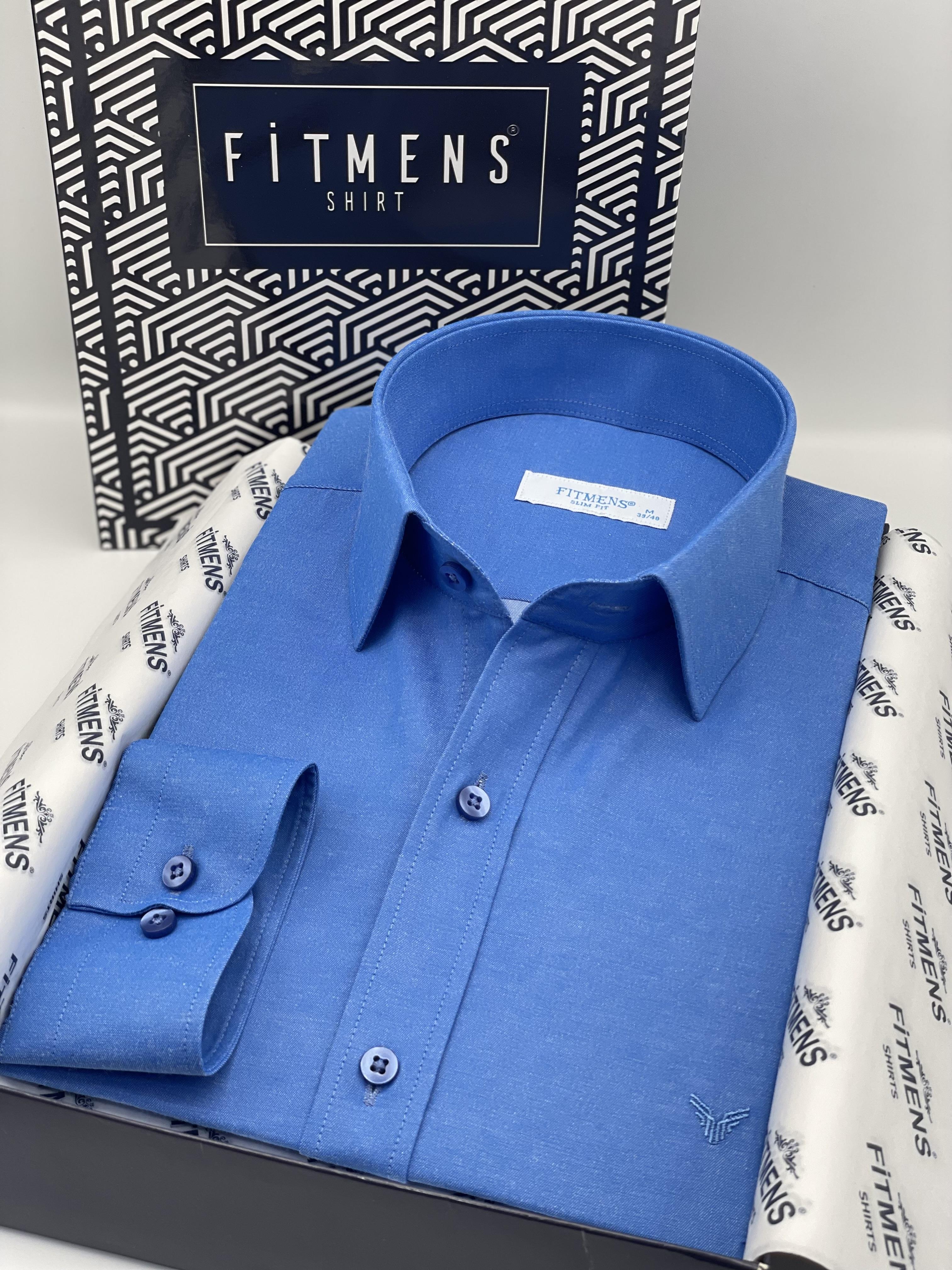 Slim Fit Uzun Kol Saten Hediye Kutulu Kolay Ütülenebilir Erkek Gömlek FS-002968 - Saks Mavi