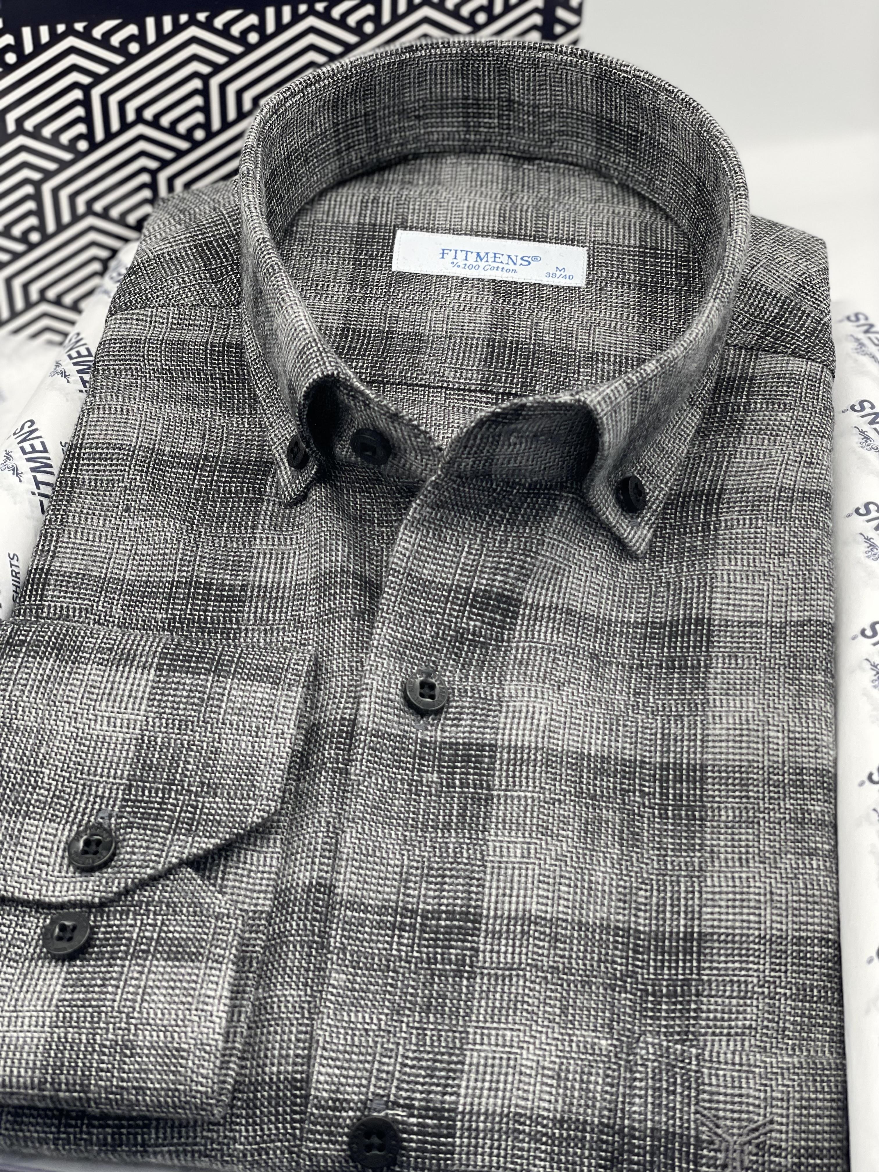 Klasik Uzun Kol Kışlık %100 Cotton Kareli Yaka Düğmeli Hediye Kutulu Erkek Gömlek FS-003135 - Siyah