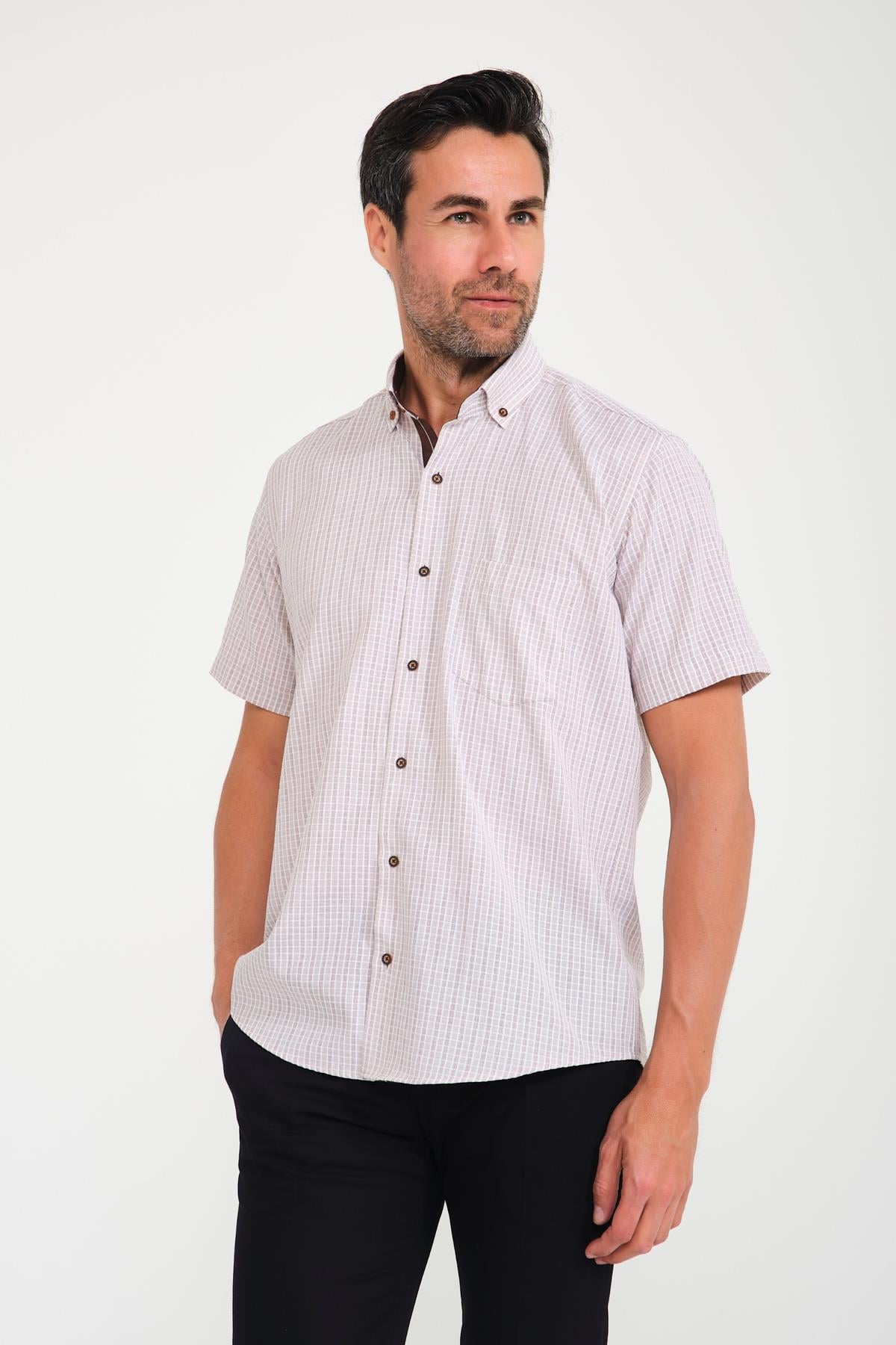 Klasik Kısa Kol Neon Kare Yaka Düğmeli Hediye Kutulu Erkek Gömlek FS-001221 - Bej