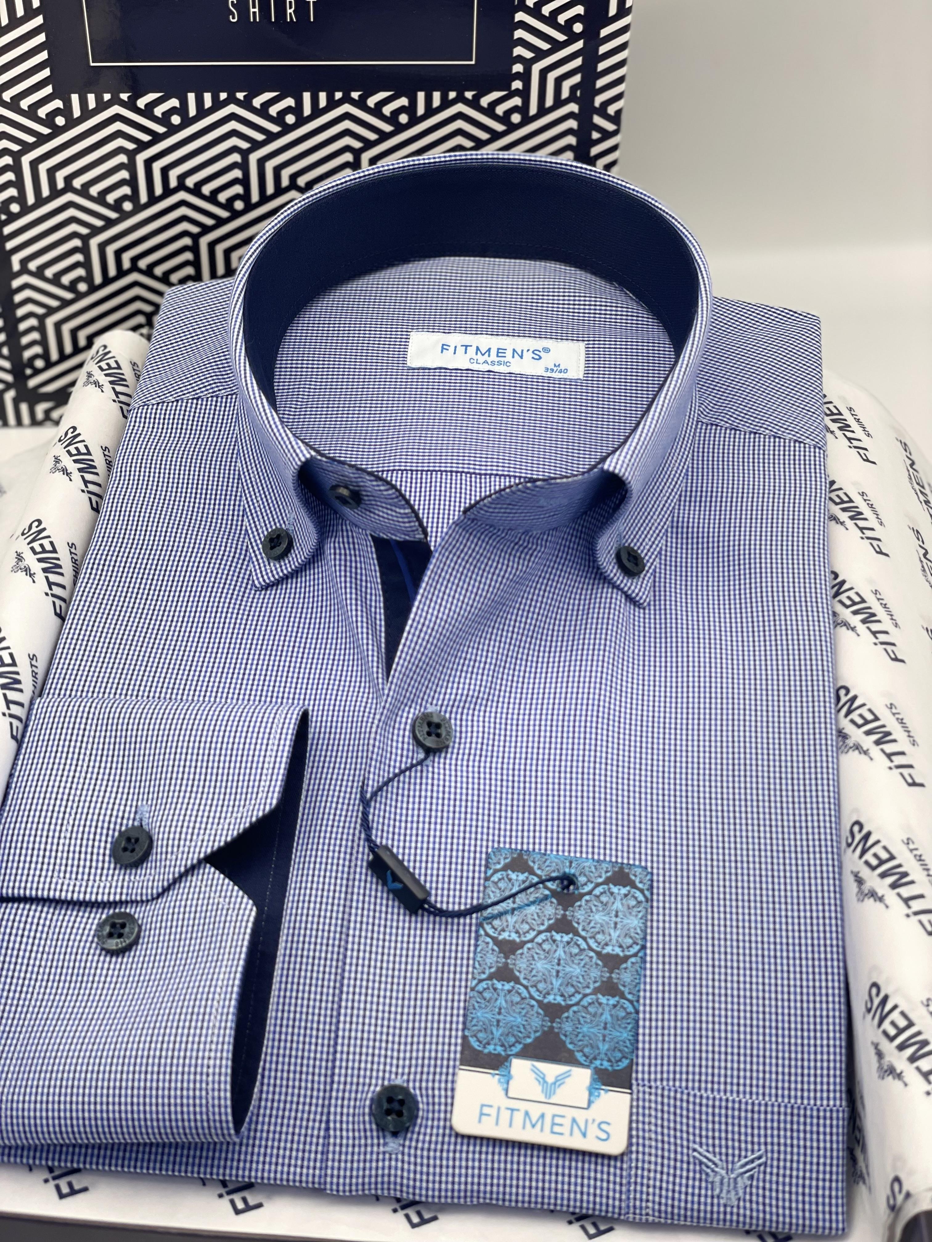 Klasik Uzun Kol Pöti Kareli Yaka Düğmeli Hediye Kutulu Erkek Gömlek FS-002273 - Mavi