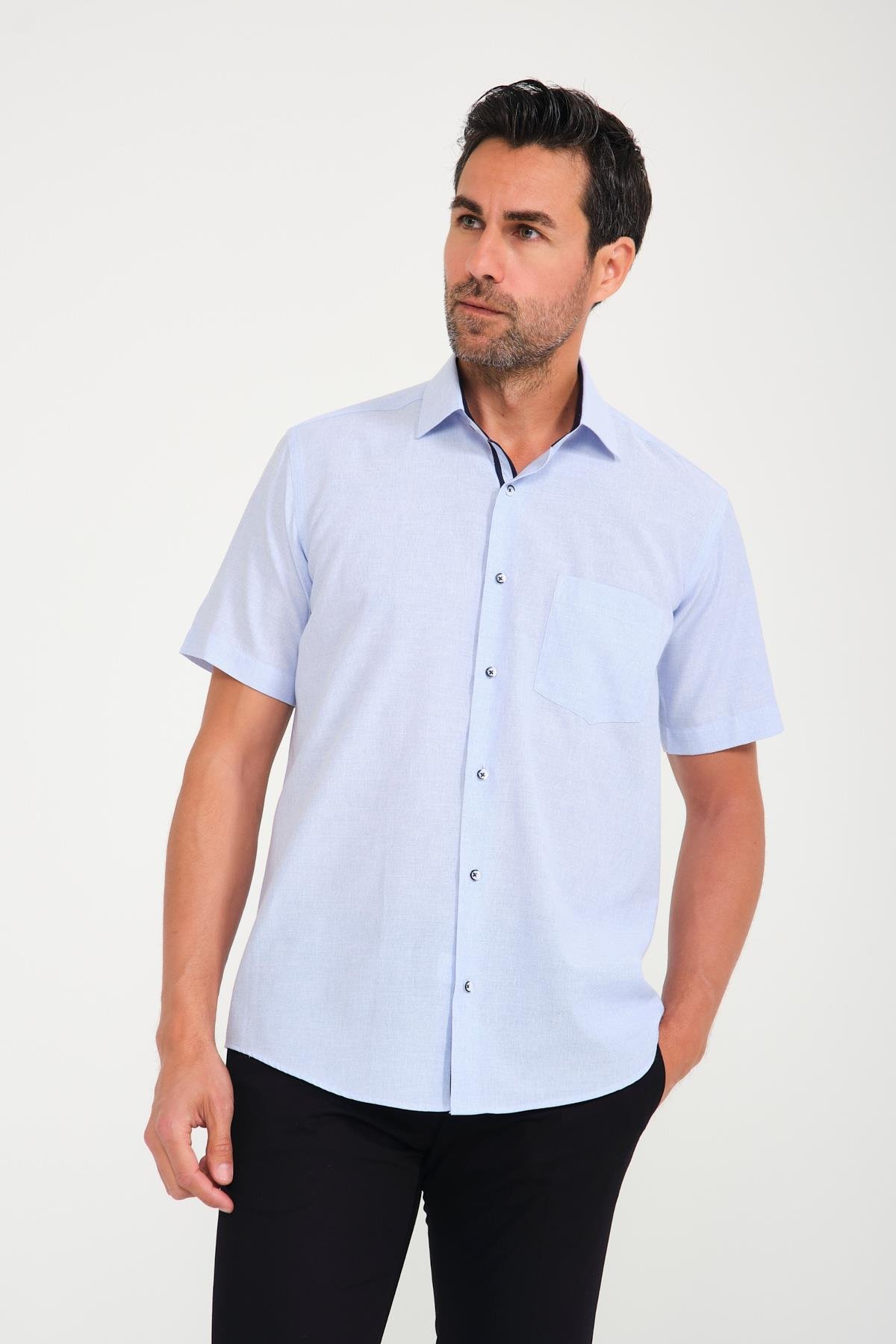 Klasik Kısa Kol Keten Cotton Garneli Hediye Kutulu Erkek Gömlek FS-000748 - Açık Lacivert