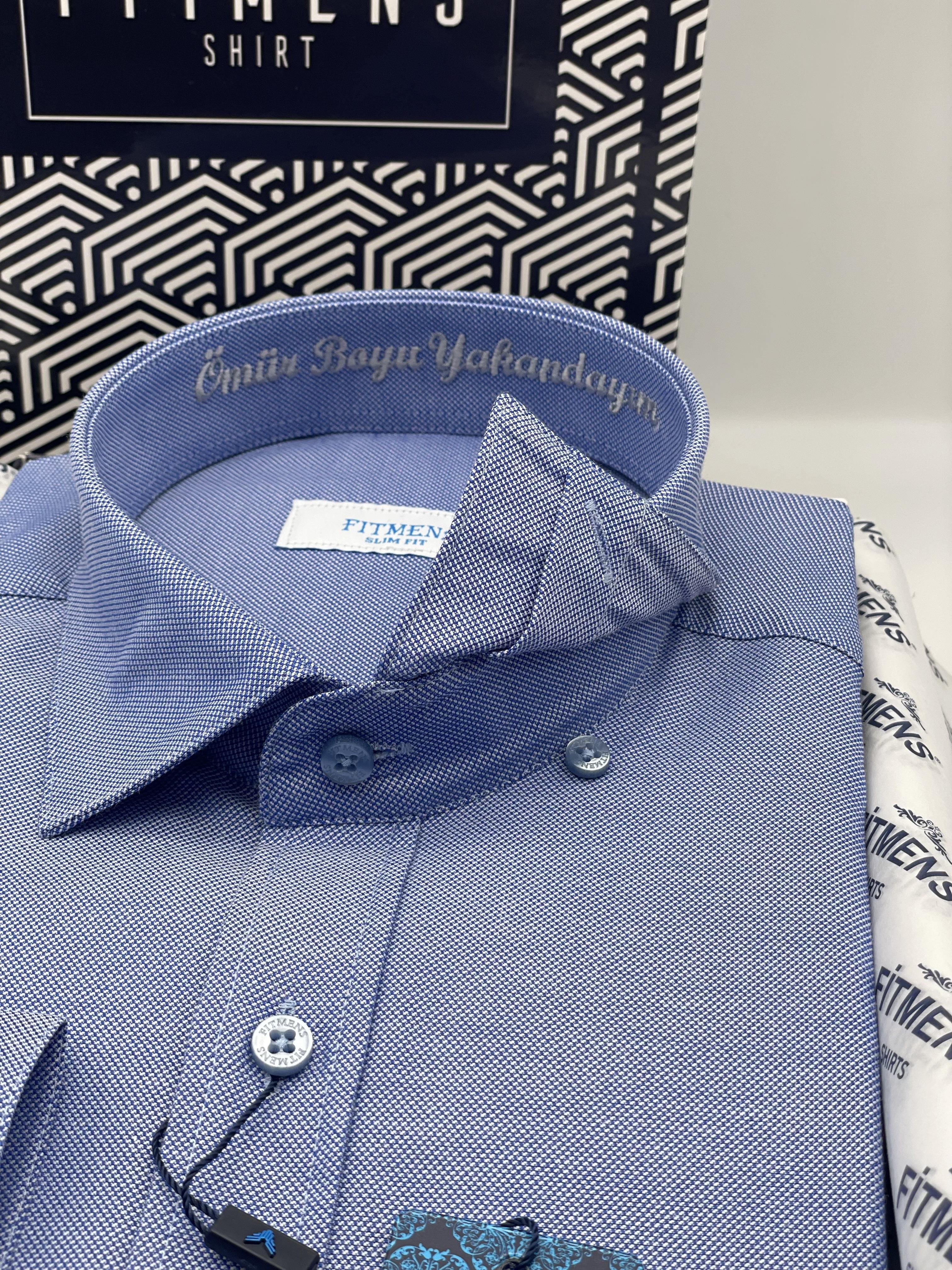 Slim Fit Uzun Kol Ömür Boyu Yakandayım Nakışlı Hediye Kutulu Erkek Gömlek FS-001376 - Saks Mavi