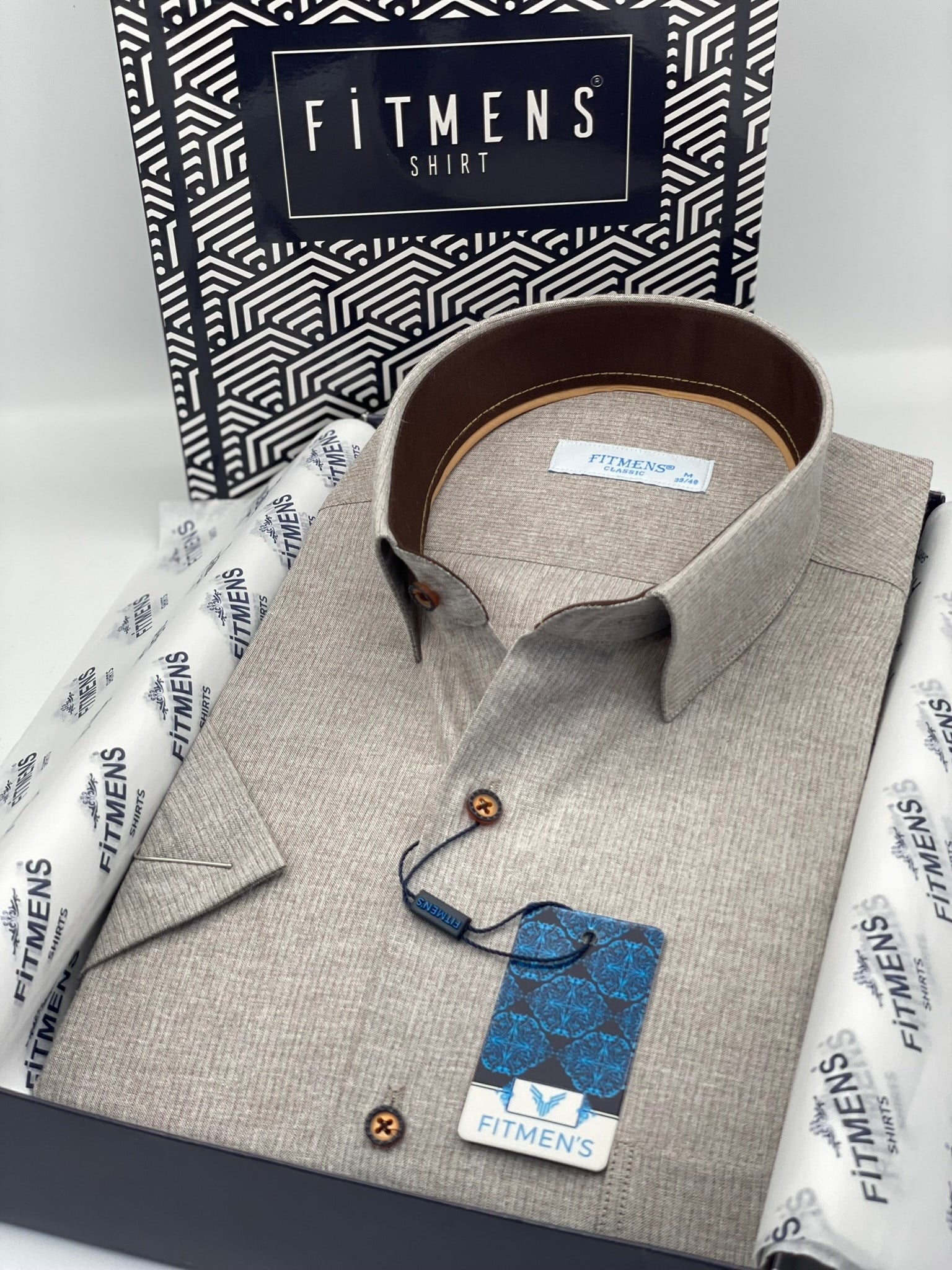 Klasik Kısa Kol Keten Cotton Hediye Kutulu Erkek Gömlek FS-003624 - Bej