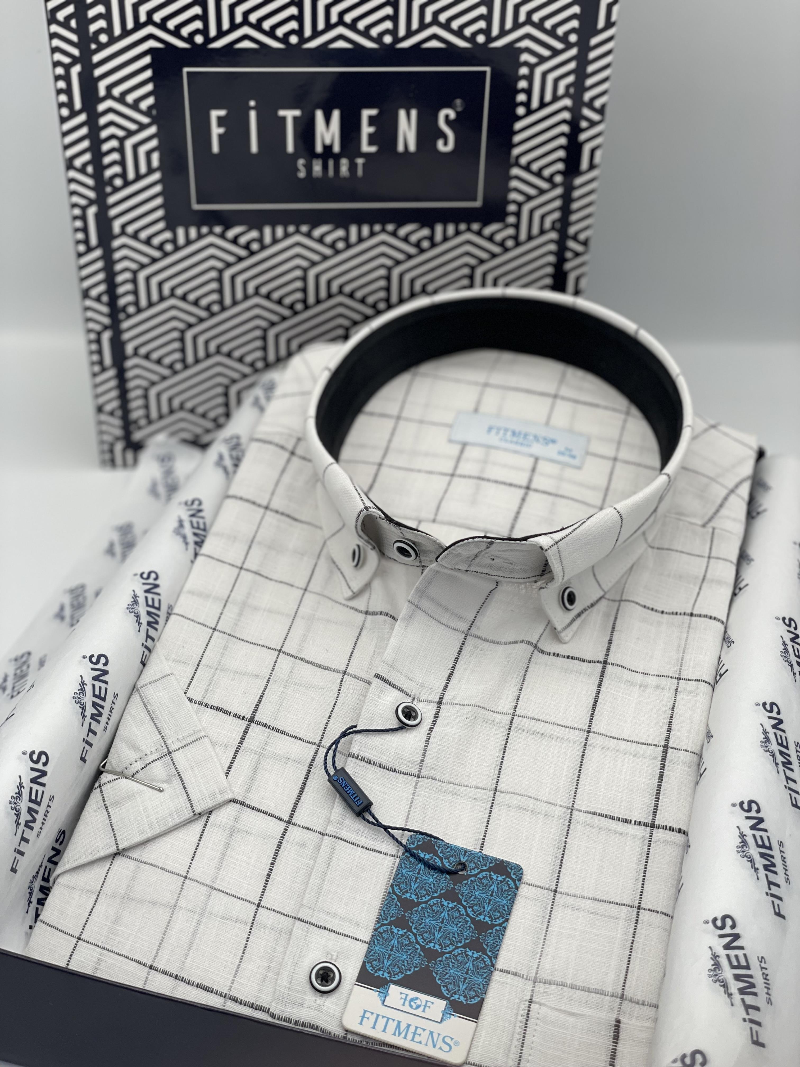 Klasik Kısa Kol Kareli Keten Cotton Yaka Düğmeli Hediye Kutulu Erkek Gömlek FS-003573 - Beyaz Siyah