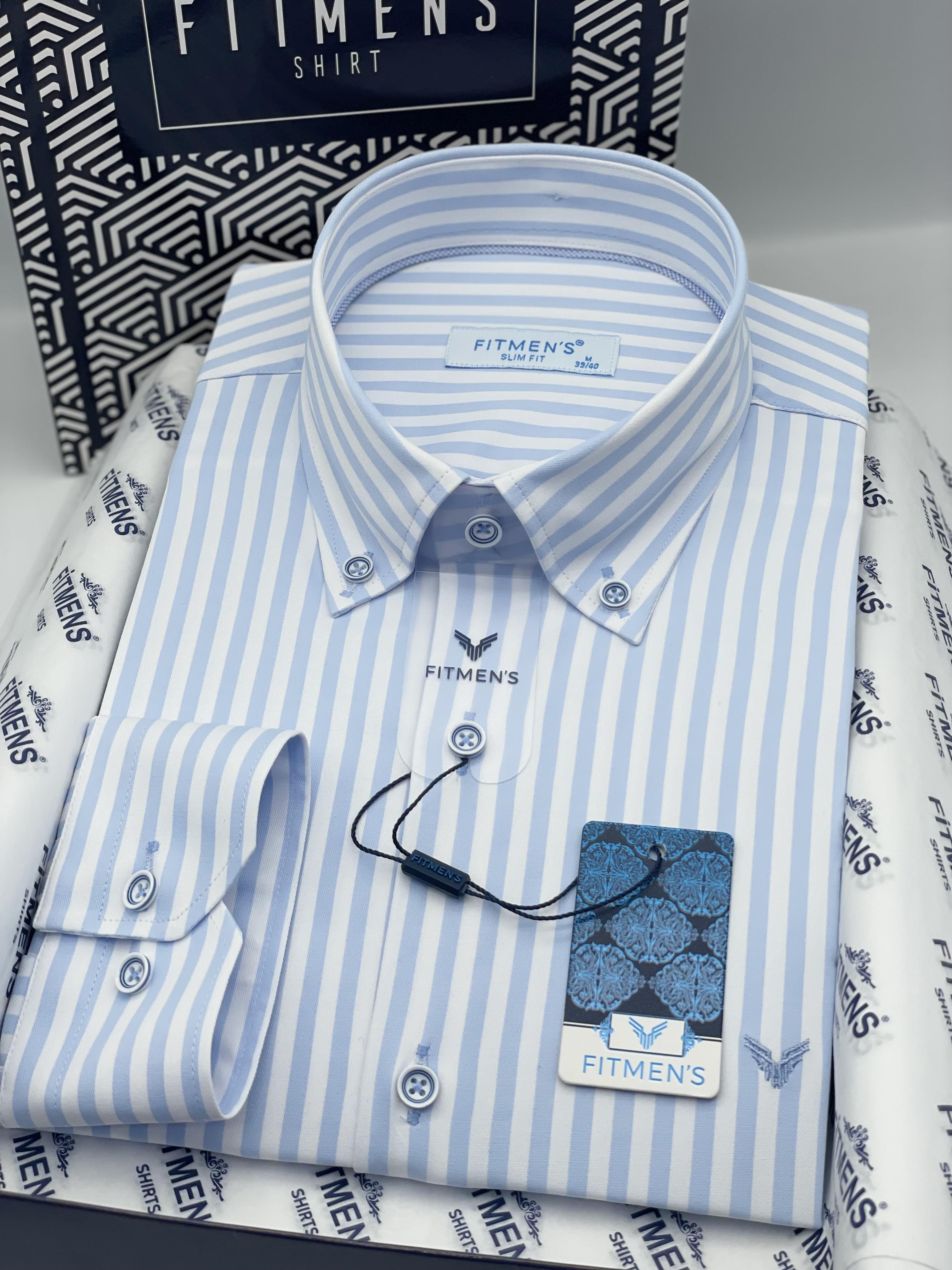 Slim Fit Uzun Kol Likralı Çizgili Yaka Düğmeli Hediye Kutulu Erkek Gömlek FS-003669 - Buz Mavi