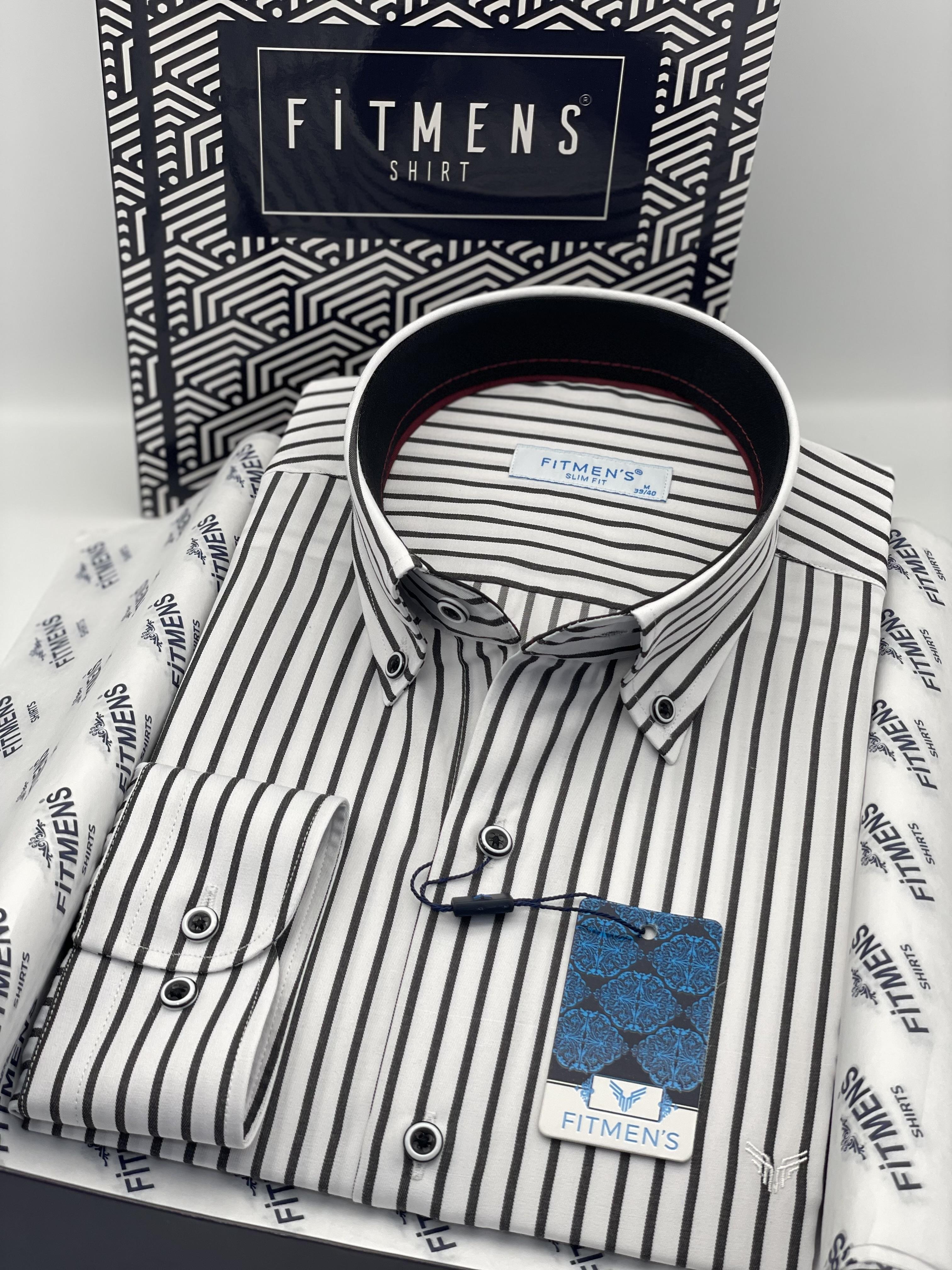 Slim Fit Uzun Kol Premium Kalın Çizgili Yaka Düğmeli Hediye Kutulu Kolay Ütülenebilir Erkek Gömlek FS-001375 - Beyaz Siyah