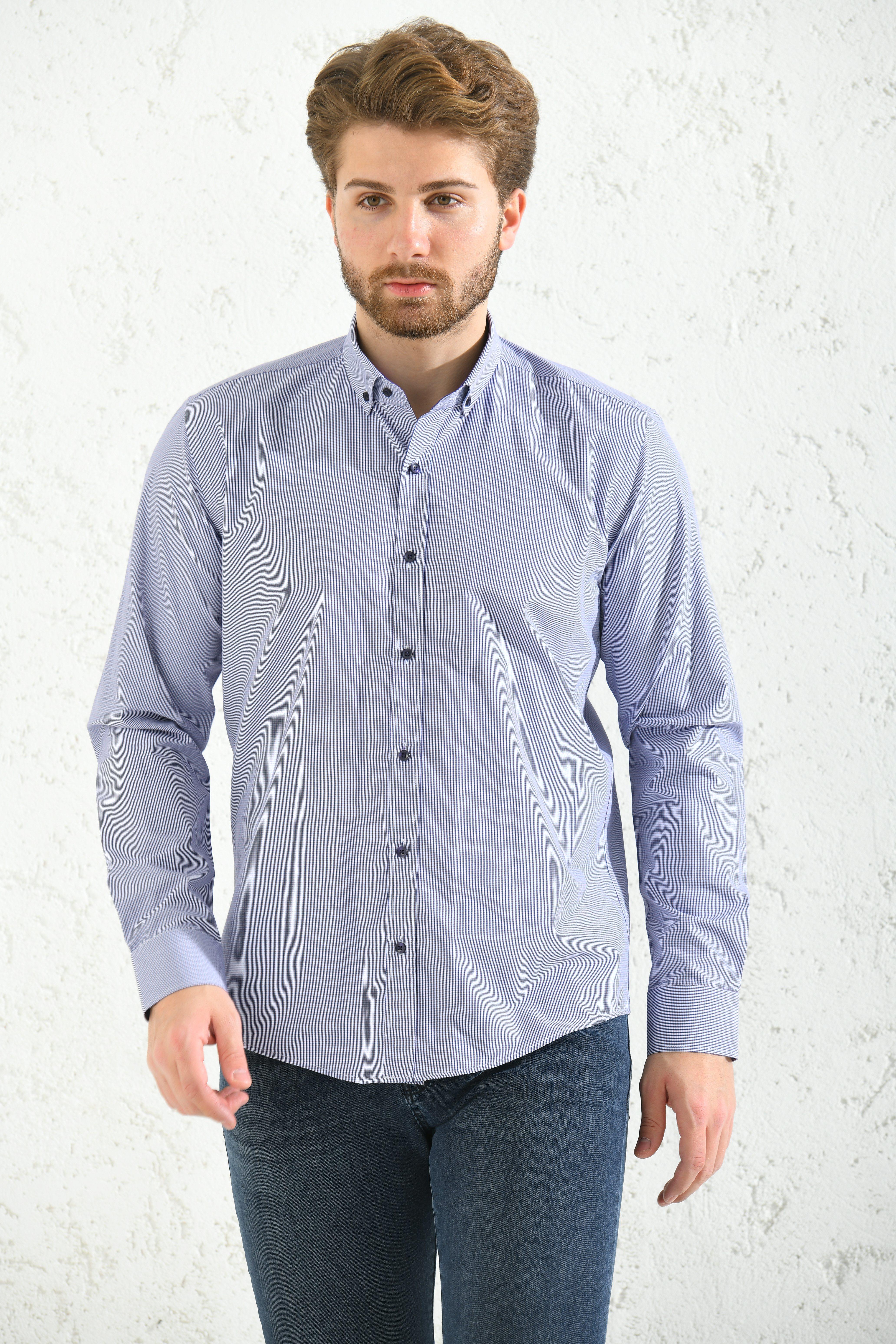 Slim Fit Uzun Kol Pöti Kareli Yaka Düğmeli Hediye Kutulu Erkek Gömlek FS-001373 - Mor