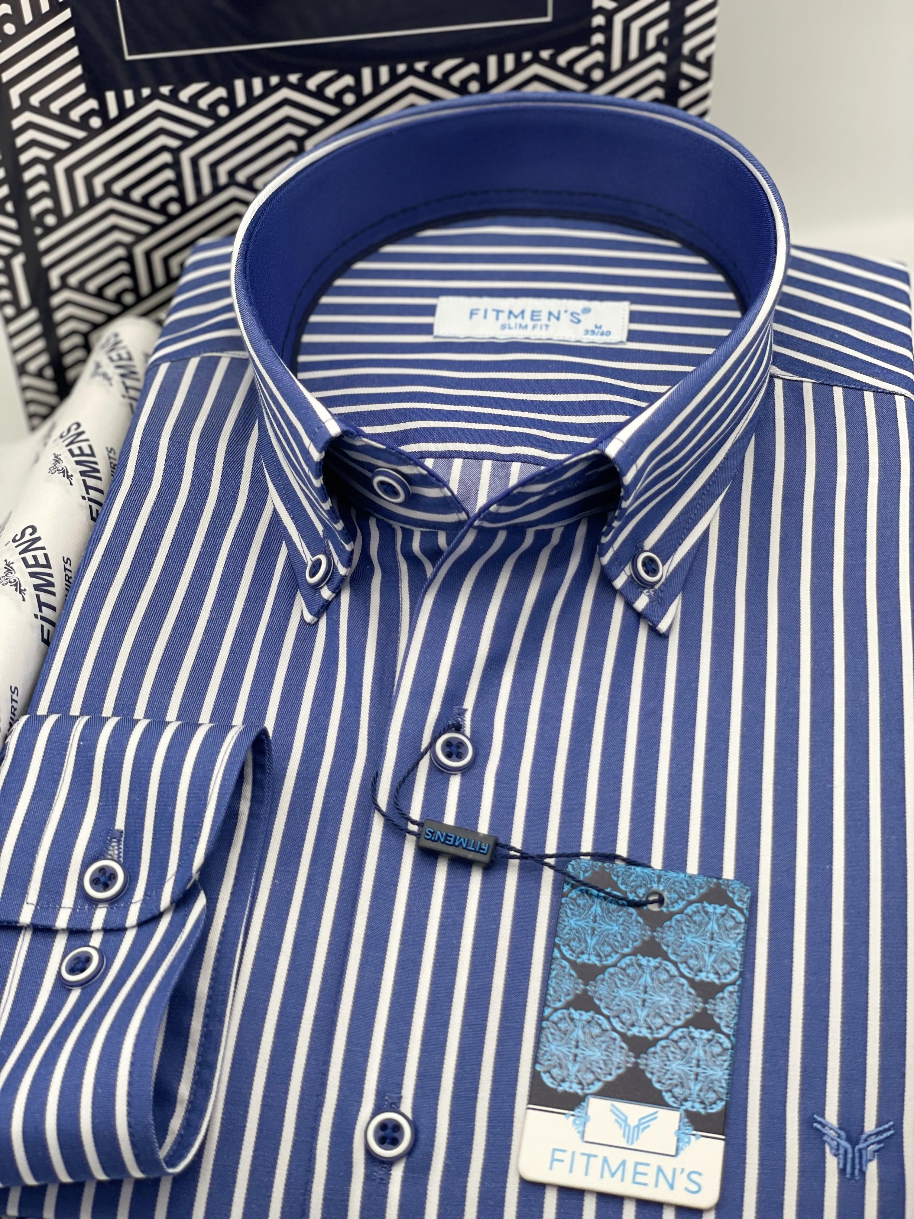 Slim Fit Uzun Kol Premium Kalın Çizgili Yaka Düğmeli Hediye Kutulu Kolay Ütülenebilir Erkek Gömlek FS-001375 - Saks Mavi