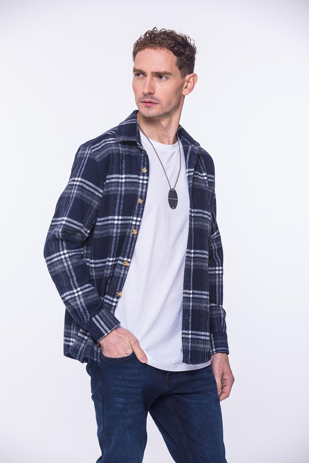 Oversize Oduncu Yumuşak Dokulu %100 Cotton Kareli Hediye Kutulu Erkek Gömlek FS-002169 - Lacivert