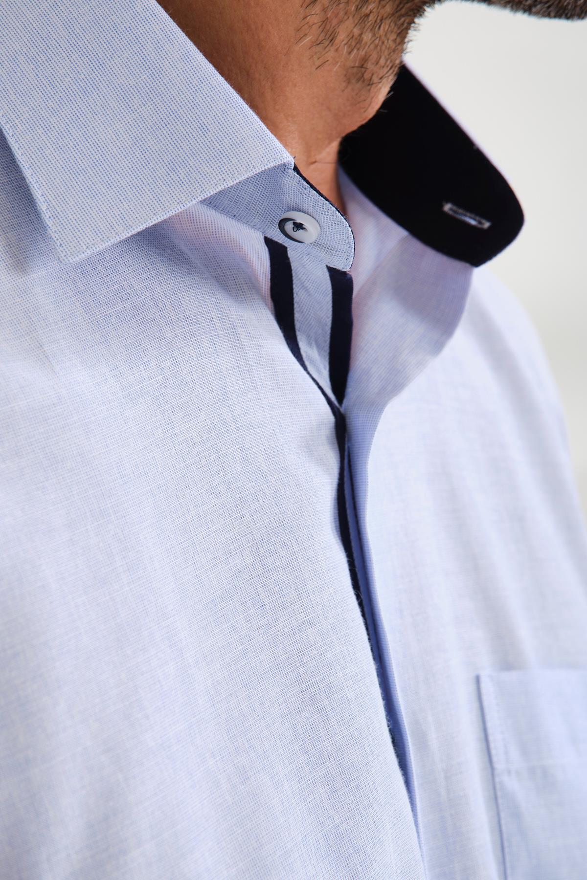 Klasik Kısa Kol Keten Cotton Garneli Hediye Kutulu Erkek Gömlek FS-000748 - Açık Lacivert