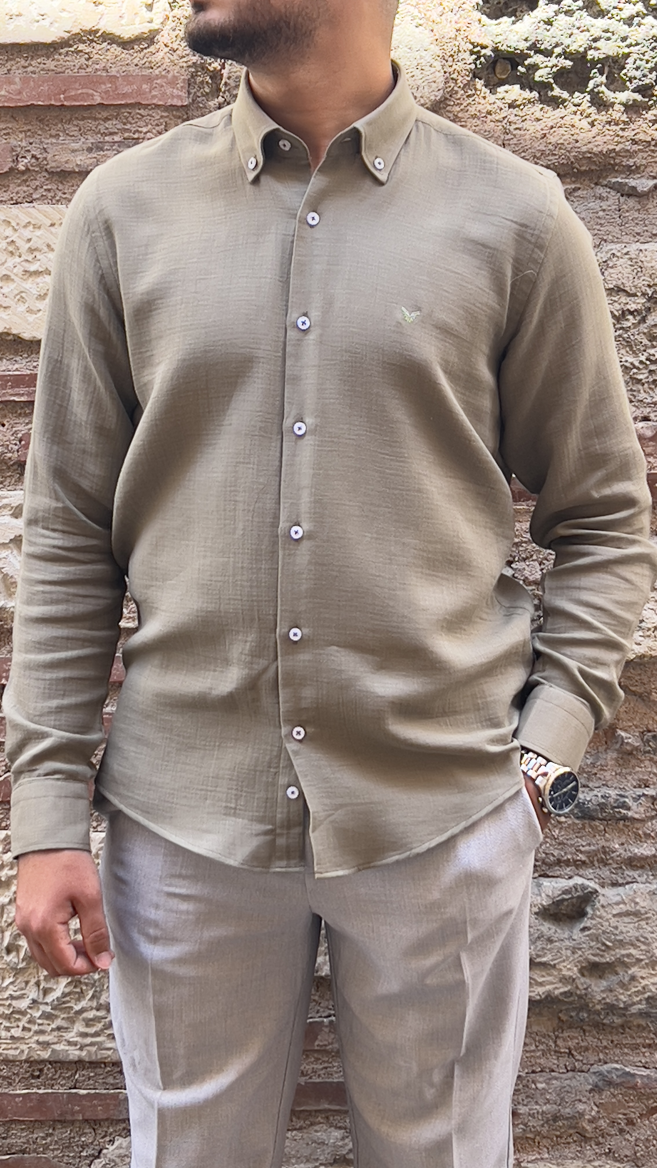 Slim Fit Uzun Kol Müslin Pamuk Rahat Nefes Alabilen Kumaştan Yaka Düğmeli Hediye Kutulu Erkek Gömlek FS-004202 - Haki