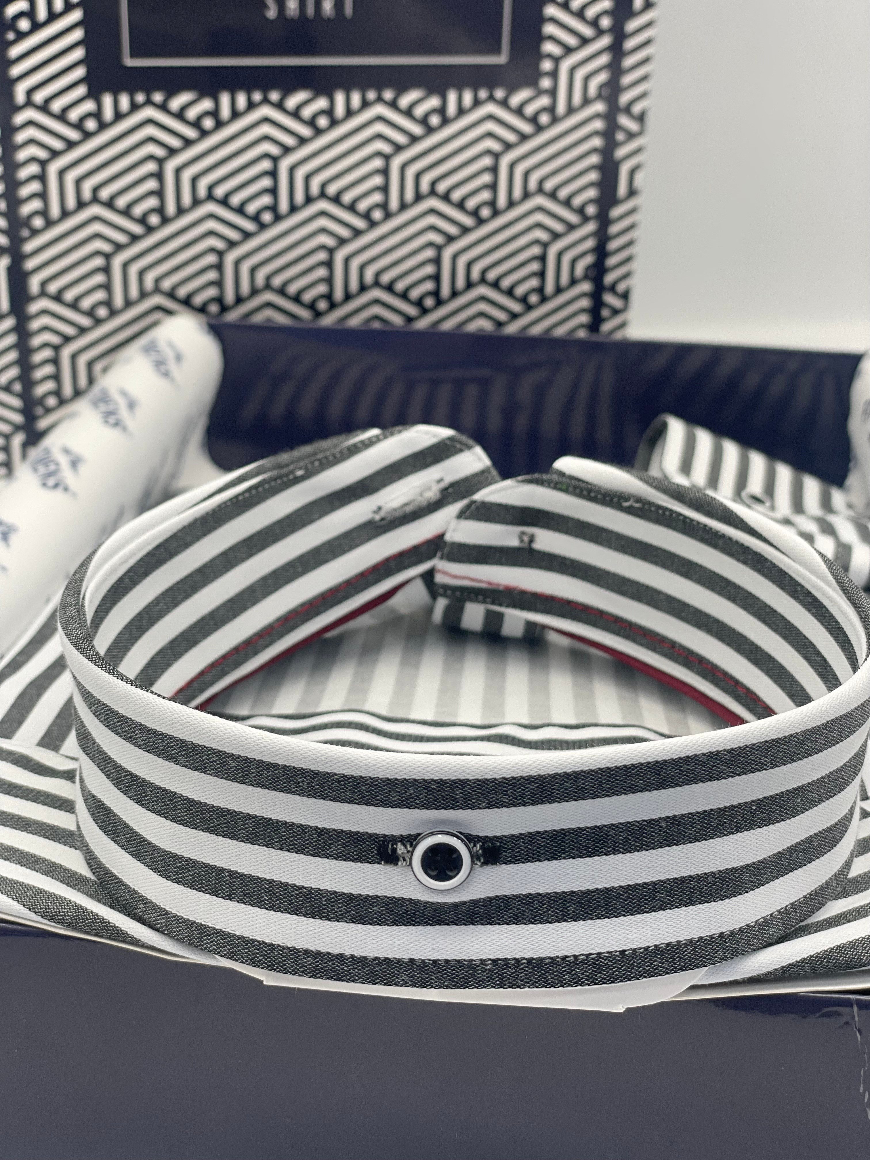 Slim Fit Uzun Kol Likralı Çizgili Yaka Düğmeli Hediye Kutulu Erkek Gömlek FS-003669 - Koyu Gri