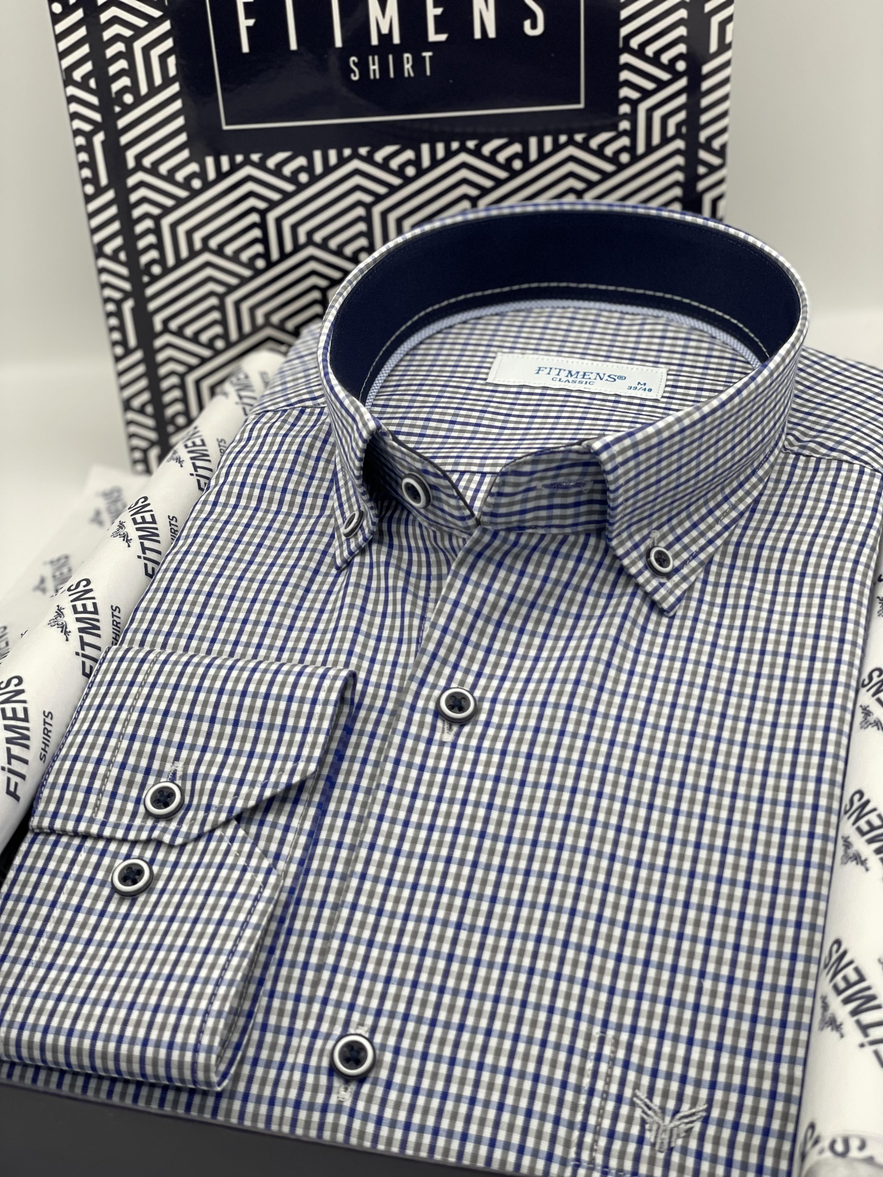 Klasik Uzun Kol Yaka Düğmeli Pöti Kareli Hediye Kutulu Erkek Gömlek FS-003774 - Gri