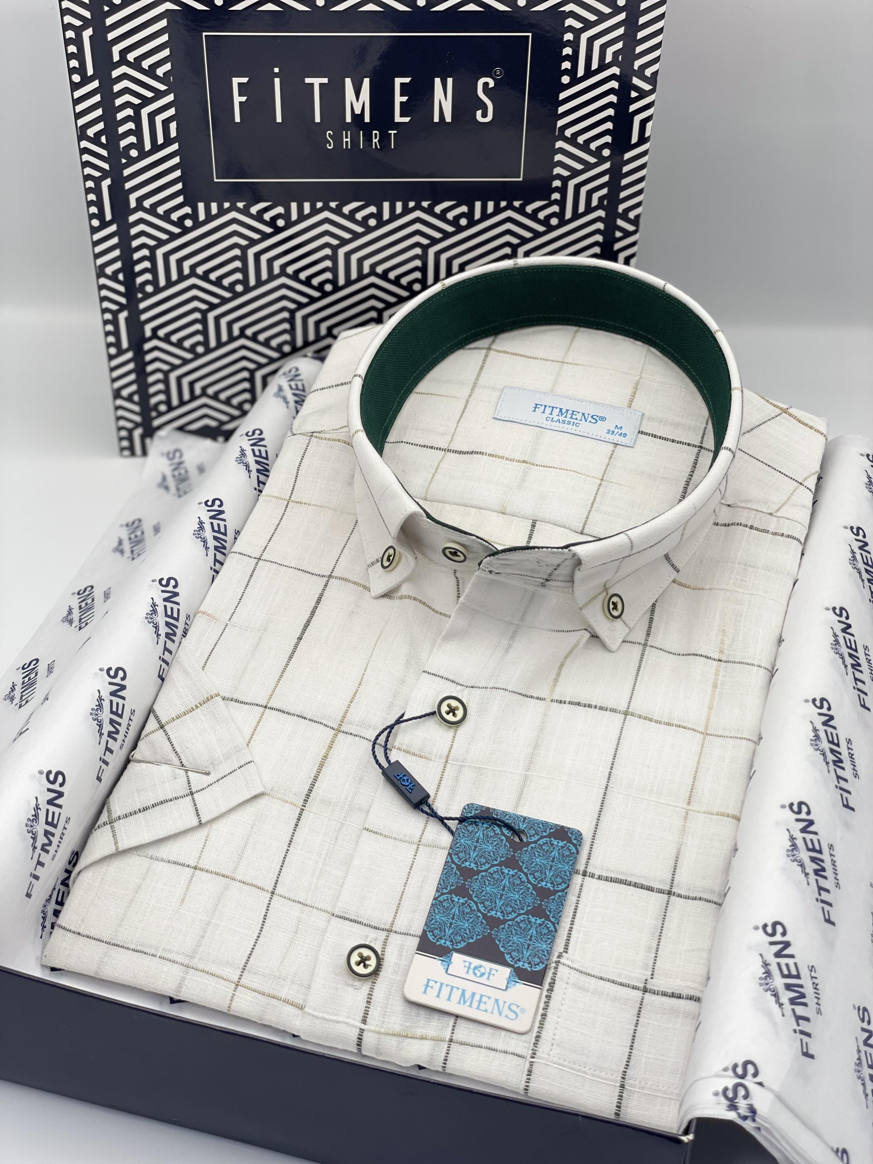 Klasik Kısa Kol Kareli Keten Cotton Yaka Düğmeli Hediye Kutulu Erkek Gömlek FS-003573 - Beyaz Yeşil