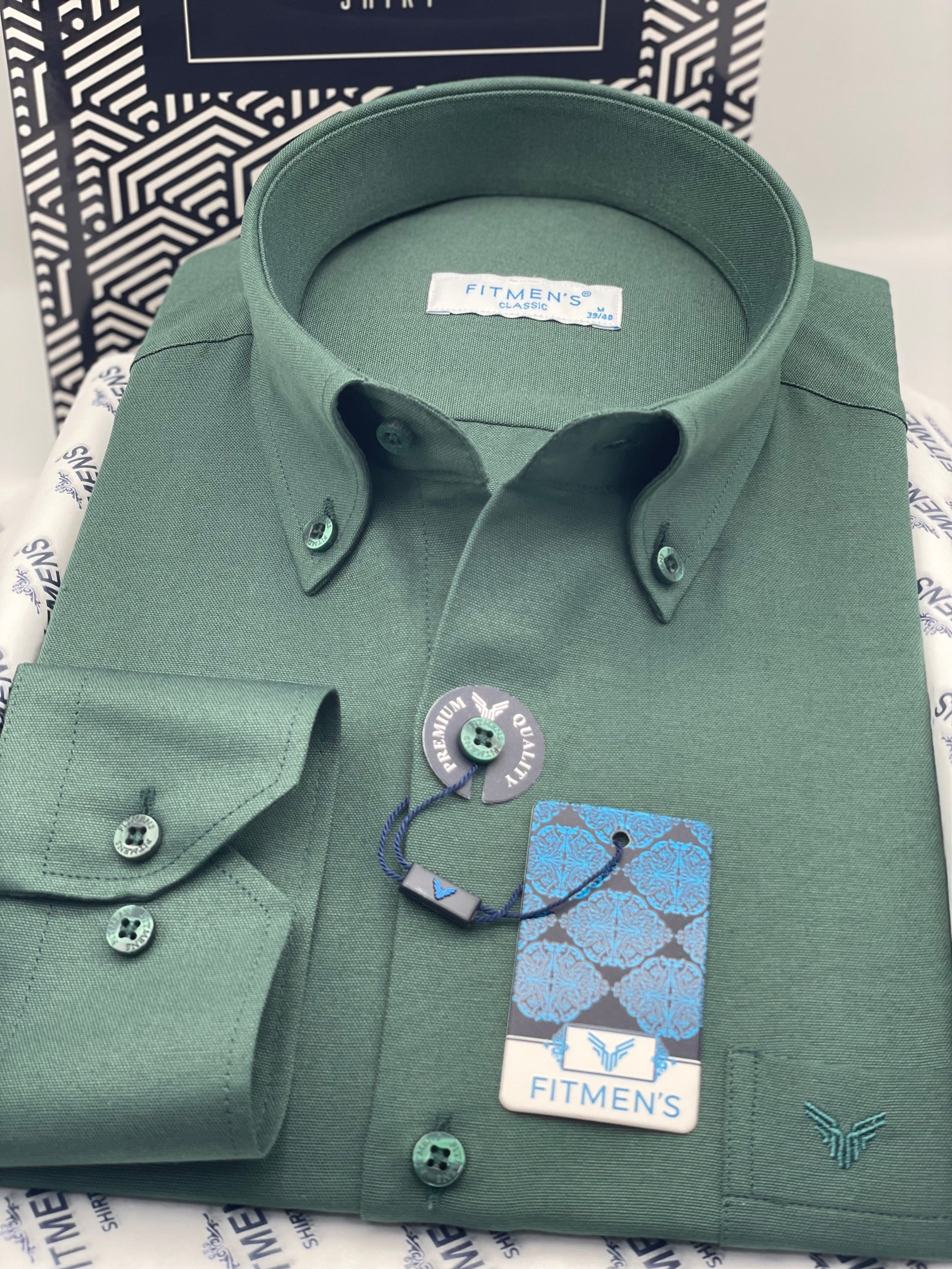 Klasik Uzun Kol Pamuklu Yaka Düğmeli Hediye Kutulu Kolay Ütülenebilir Erkek Gömlek FS-003897 - Koyu Yeşil