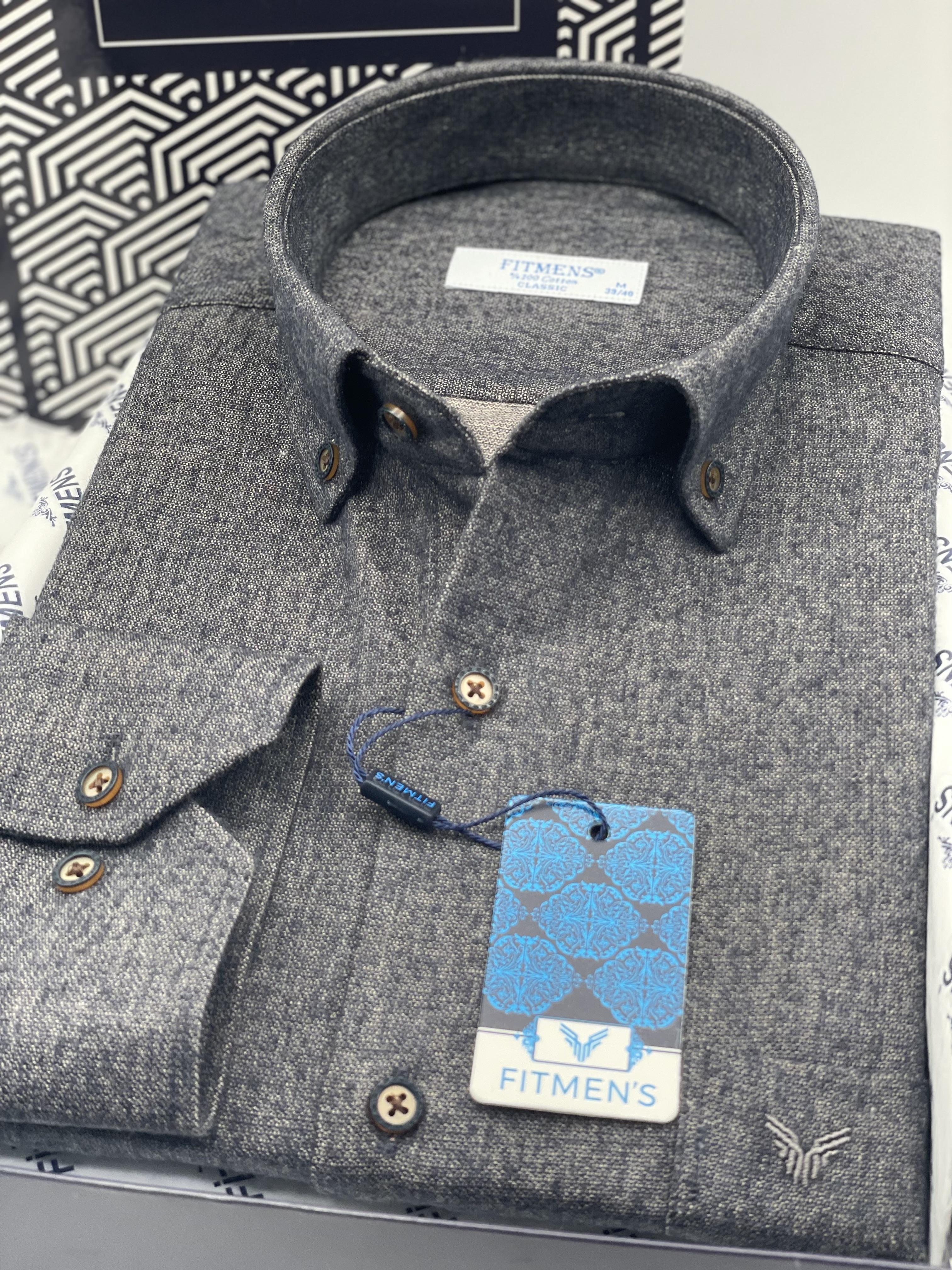 Klasik Uzun Kol Kışlık %100 Cotton Filafil Yaka Düğmeli Hediye Kutulu Erkek Gömlek FS-003766 - Lacivert Kahve