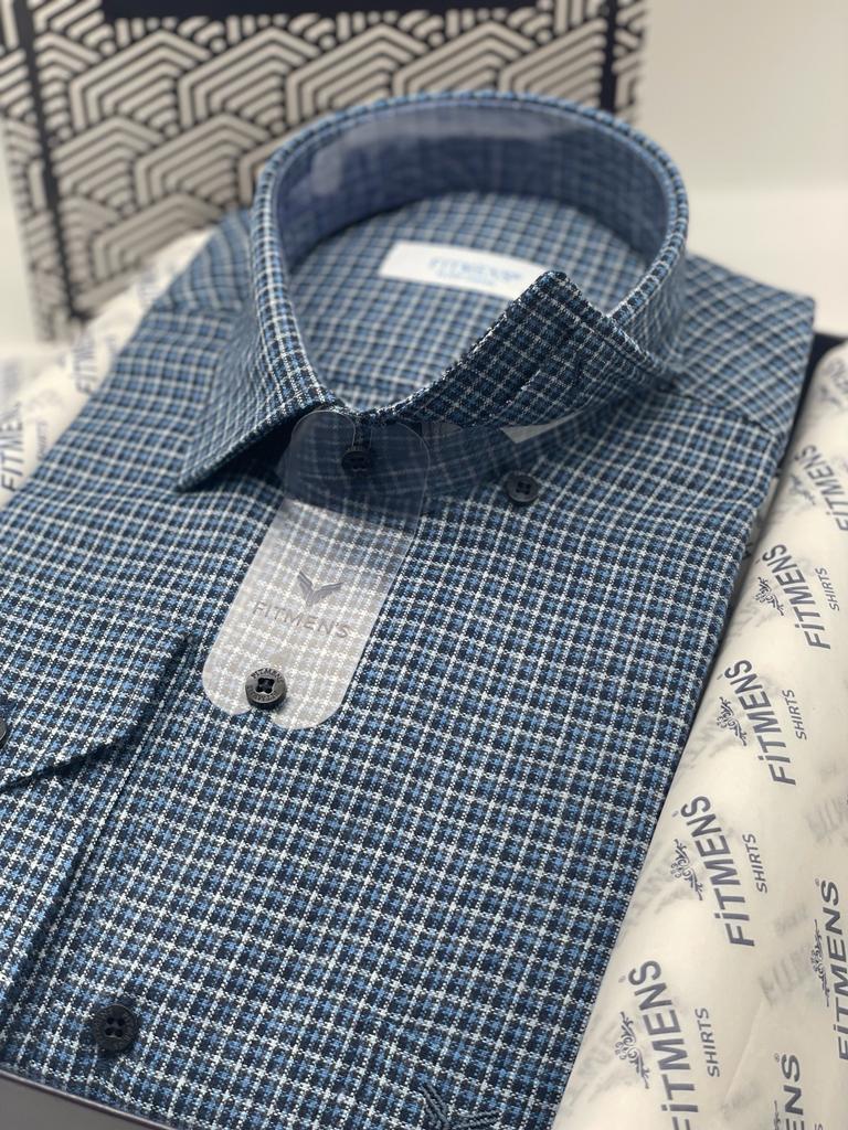 Klasik Uzun Kol Kışlık %100 Cotton Kareli Yaka Alttan Düğmeli Pamuku Hediye Kutulu Erkek Gömlek FS-003132 - Mavi