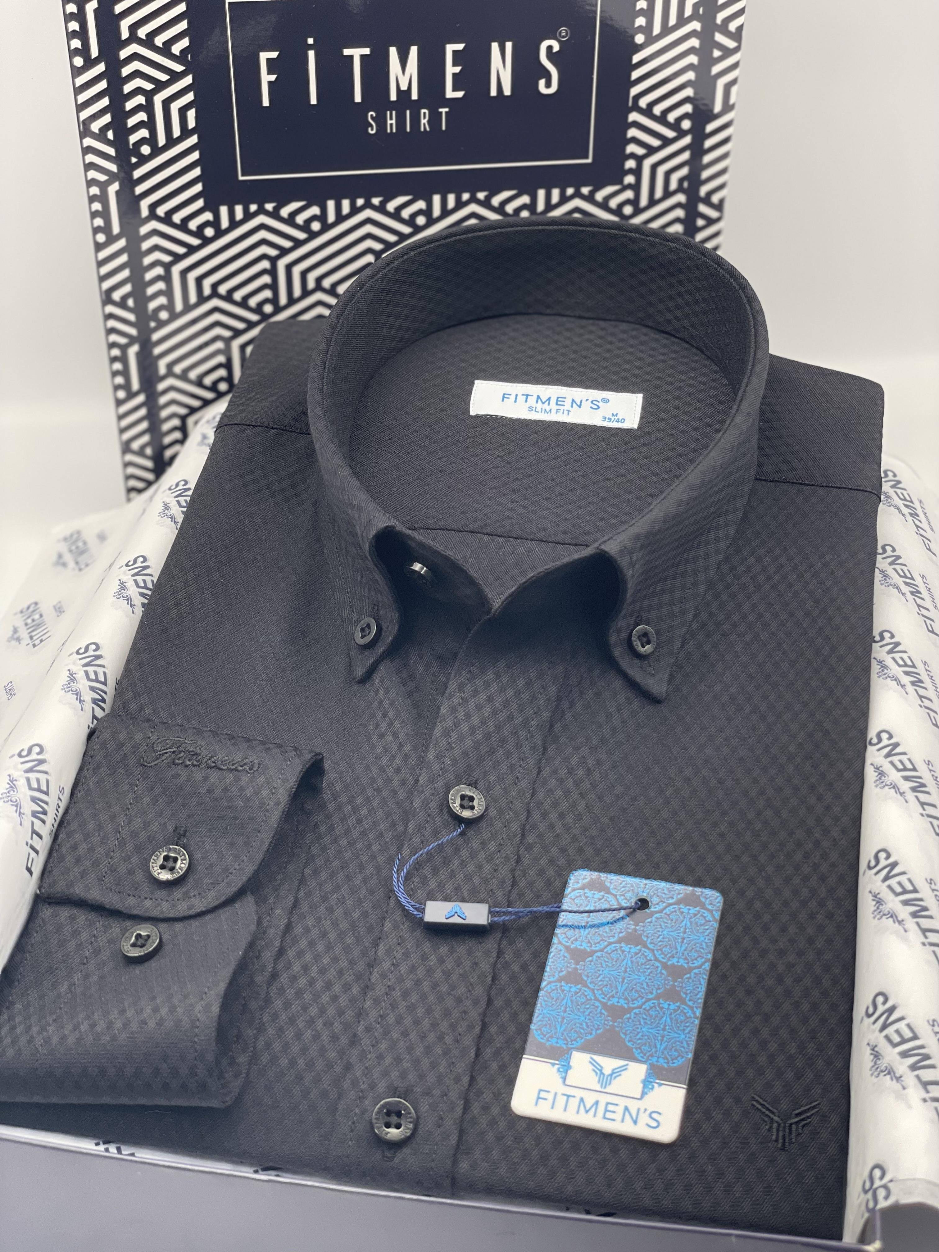 Slim Fit Uzun Kol Baklava Desen Kol Nakışlı Yaka Düğmeli Hediye Kutulu Şık Erkek Gömlek FS-004200 - Siyah