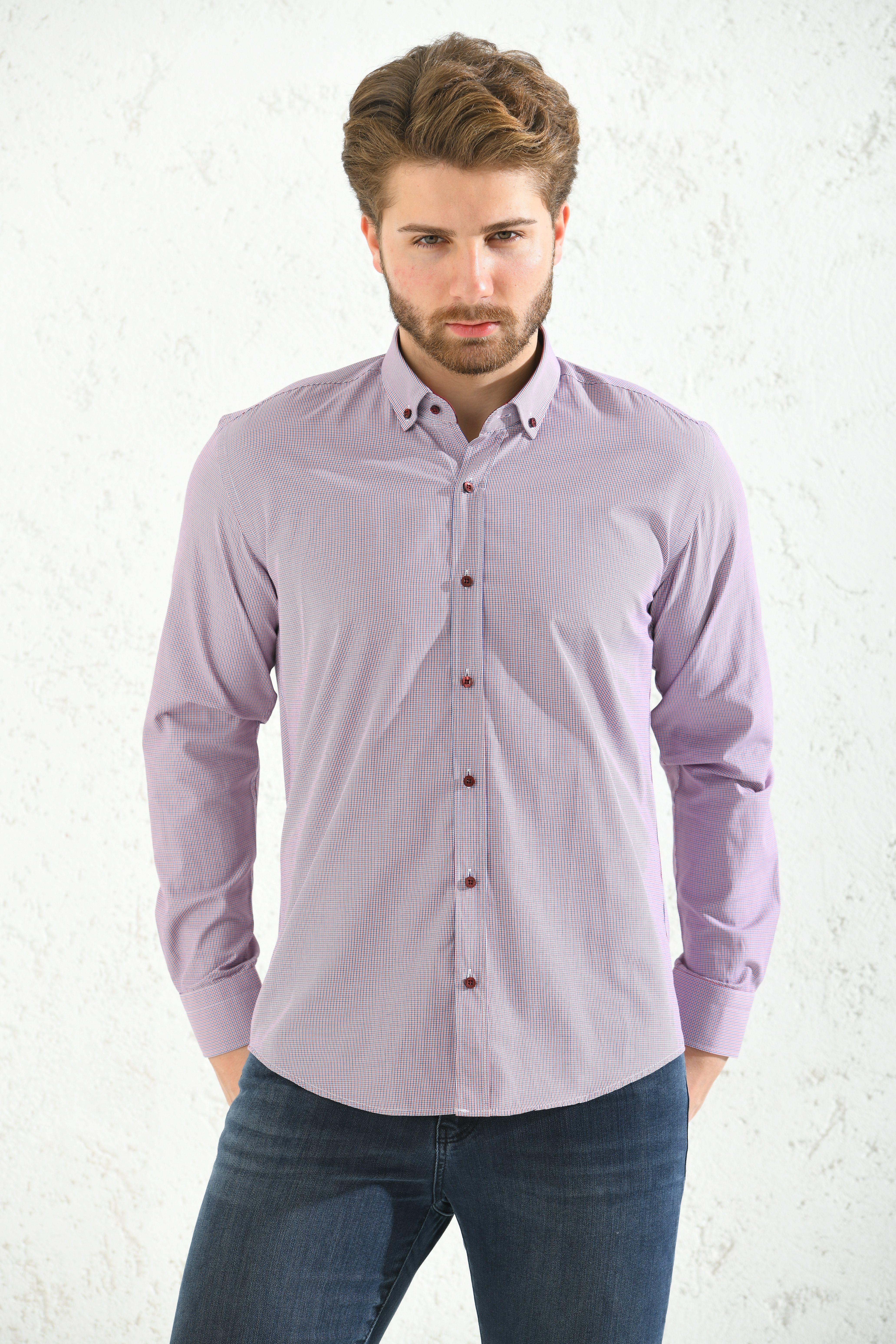 Slim Fit Uzun Kol Pöti Kareli Yaka Düğmeli Hediye Kutulu Erkek Gömlek FS-001373 - Bordo