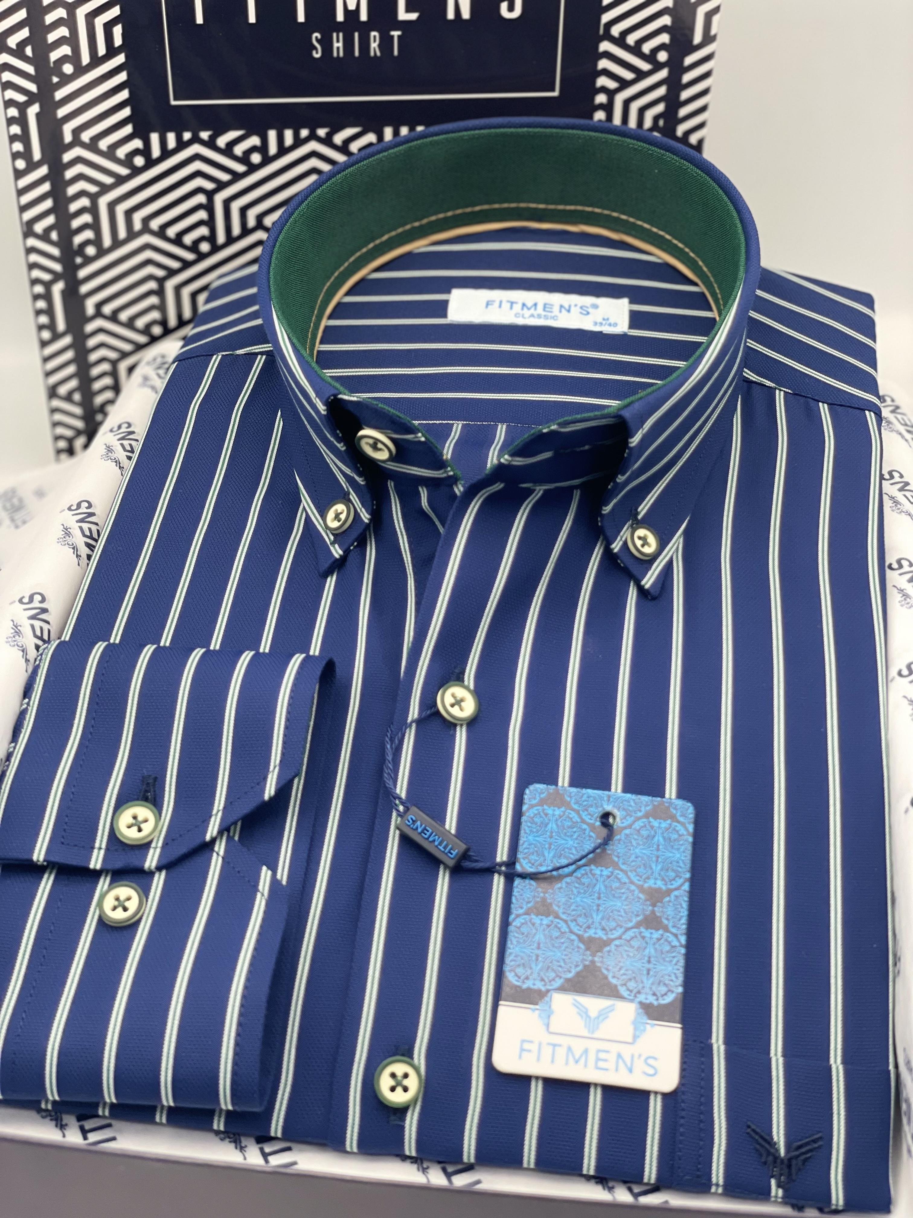 Klasik Geniş Kesim Uzun Kol Elegance Çizgili Yaka Düğmeli Hediye Kutulu Erkek Gömlek FS-004340 - Lacivert Yeşil
