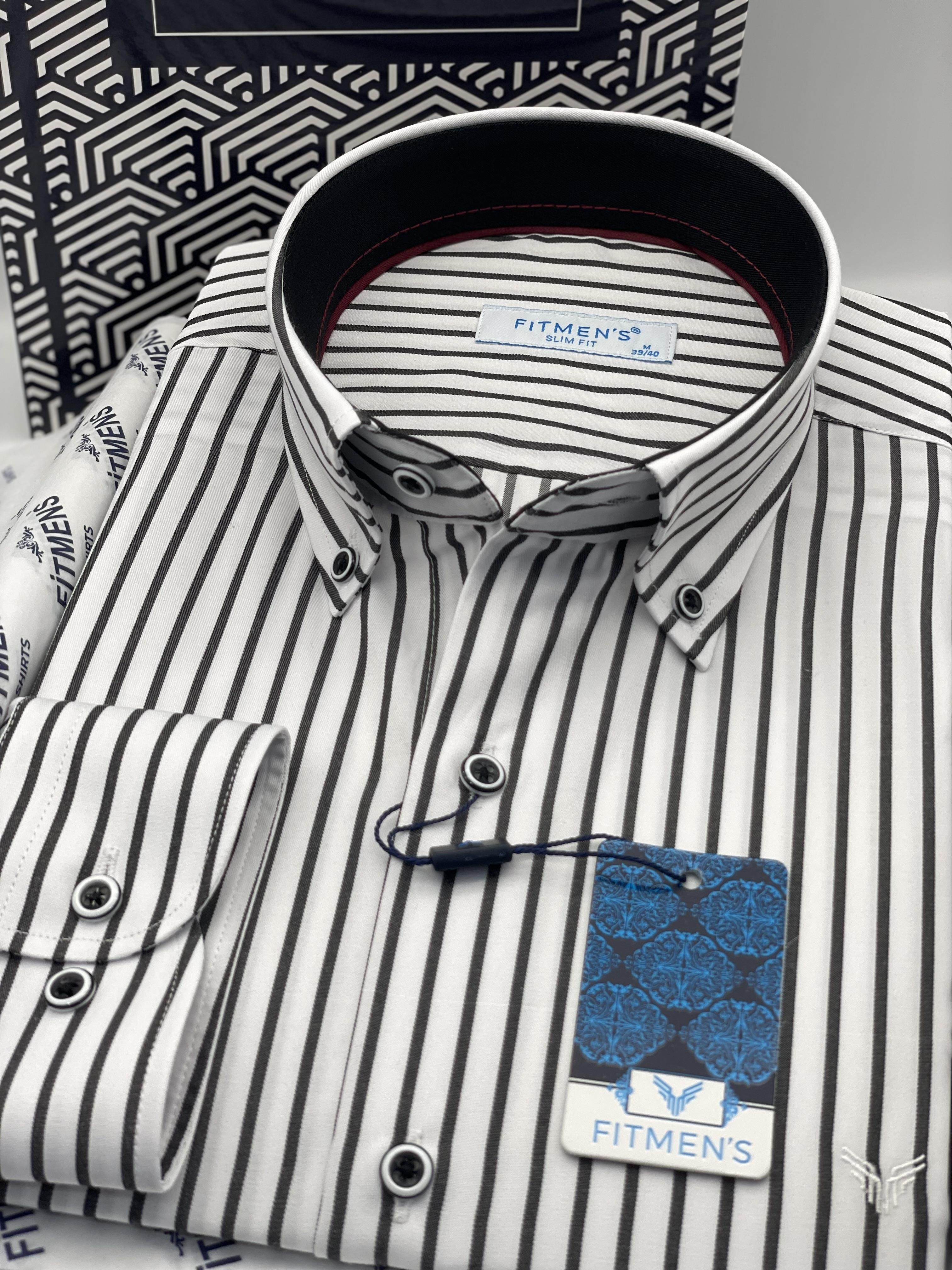 Slim Fit Uzun Kol Premium Kalın Çizgili Yaka Düğmeli Hediye Kutulu Kolay Ütülenebilir Erkek Gömlek FS-001375 - Beyaz Siyah