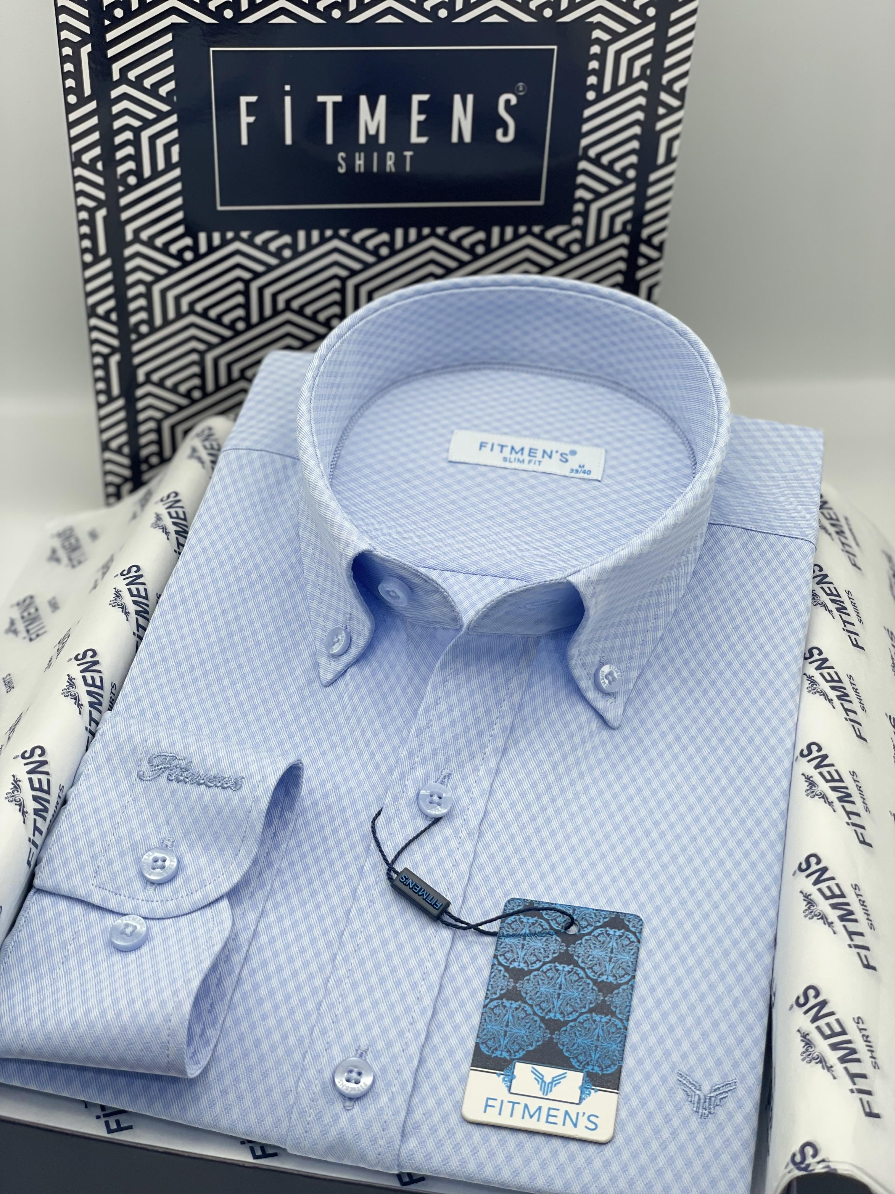 Slim Fit Uzun Kol Baklava Desen Kol Nakışlı Yaka Düğmeli Hediye Kutulu Şık Erkek Gömlek FS-004200 - Mavi