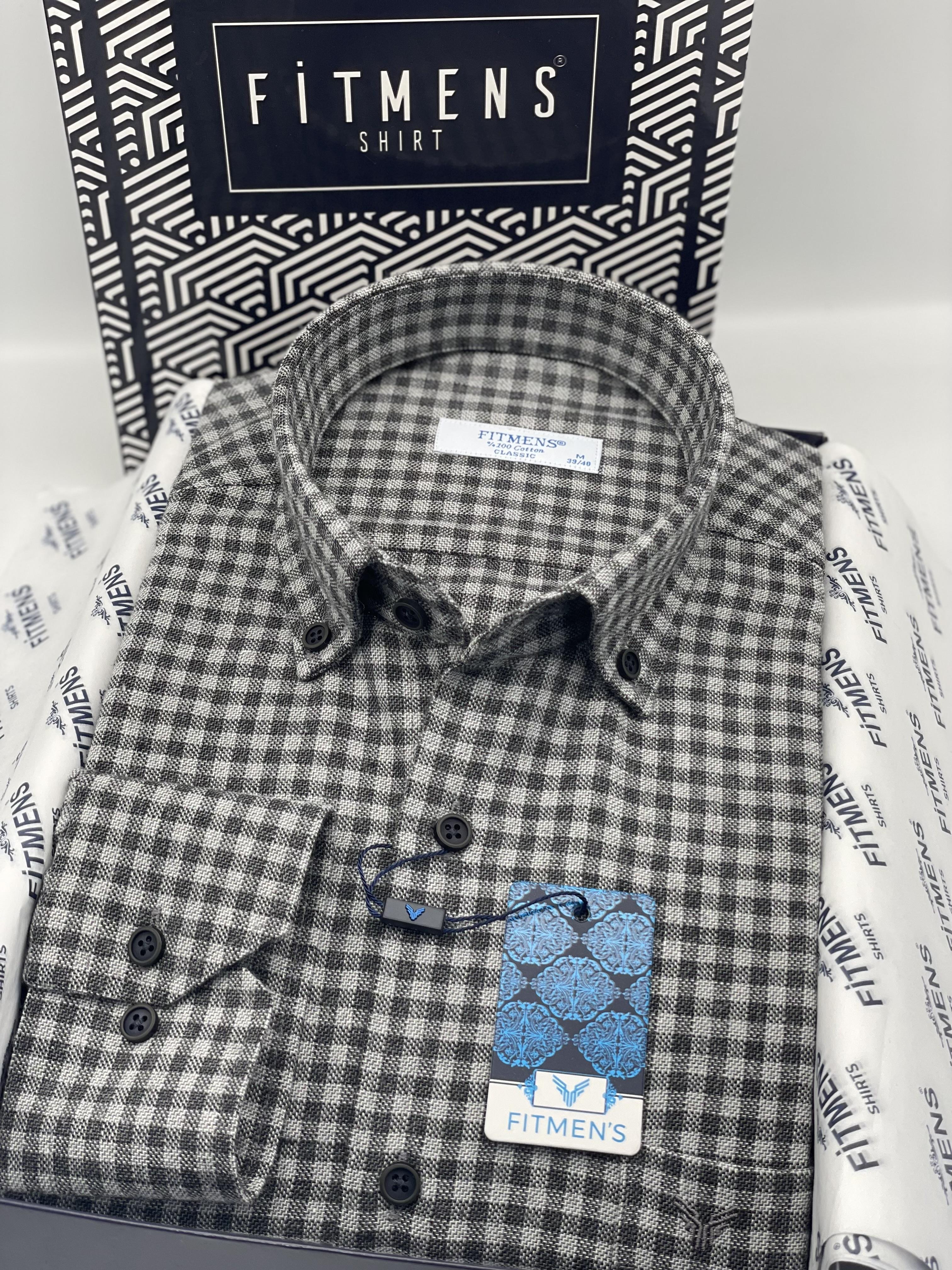 Klasik Uzun Kol Kışlık %100 Cotton Kareli Yaka Düğmeli Hediye Kutulu Erkek Gömlek FS-003127 - Gri