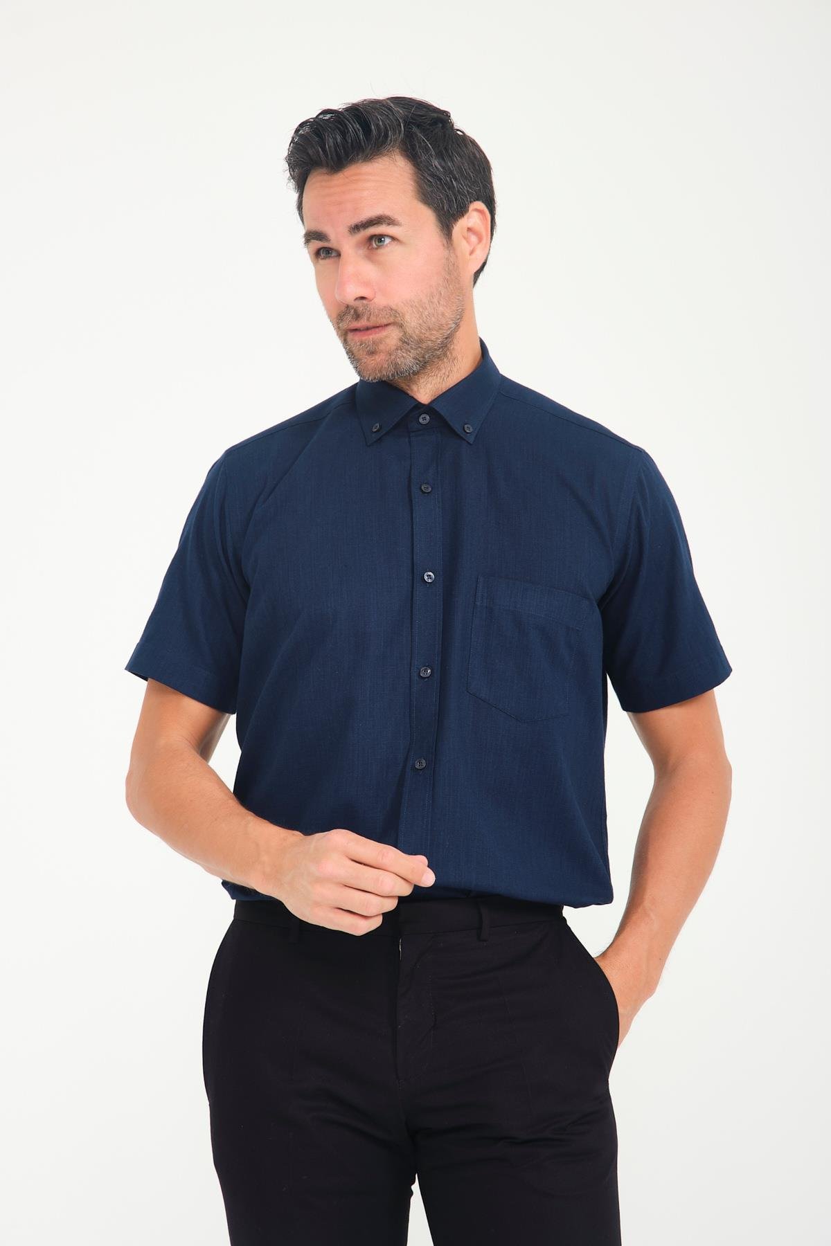Klasik Kısa Kol Linen Keten Yaka Düğmeli Hediye Kutulu Erkek Gömlek FS-001202 - Lacivert