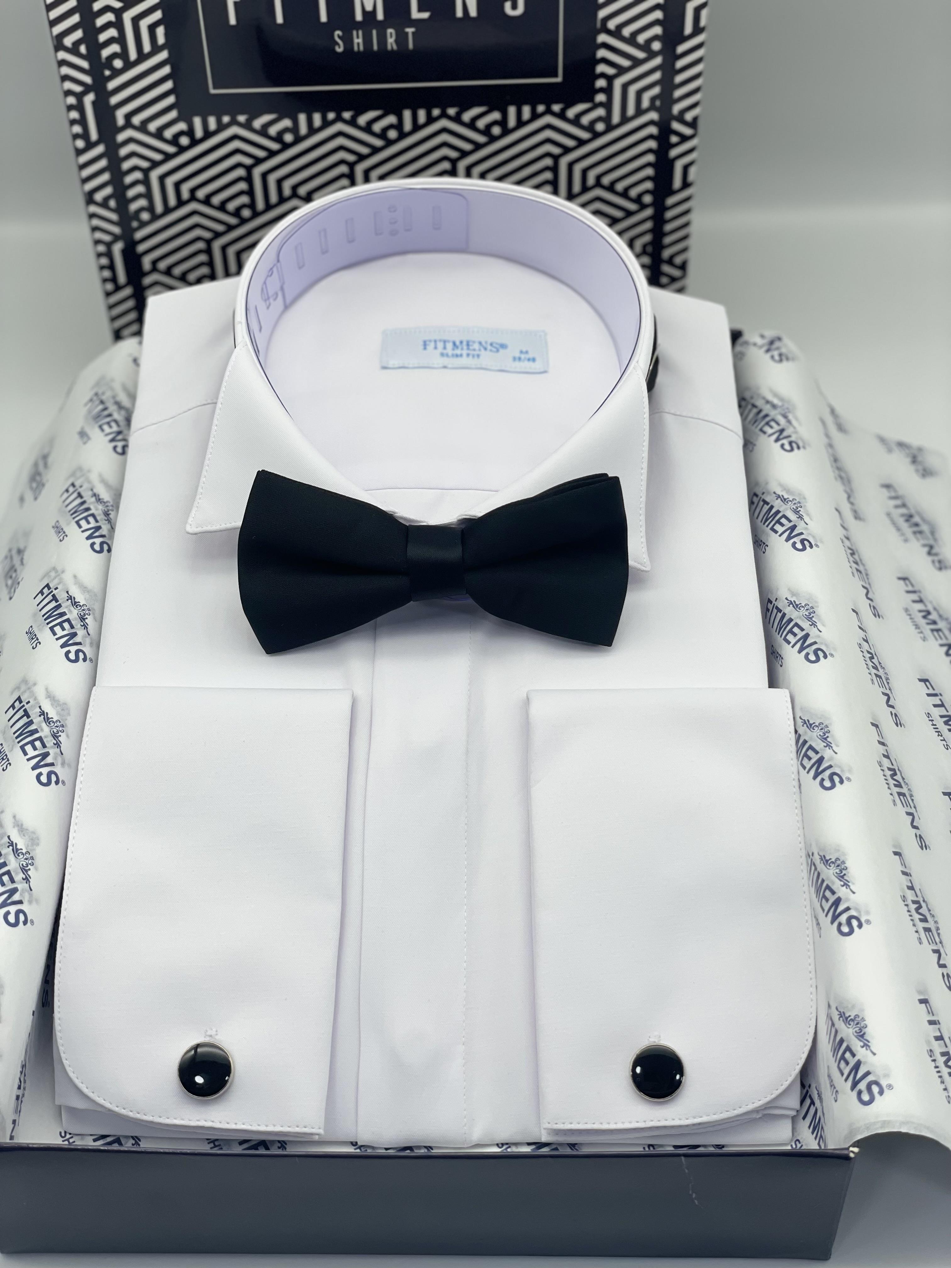 Slim Fit Uzun Kol Ata Yaka Gizli Düğmeli Smokin Damatlık Erkek Gömlek FS-004297 - Beyaz