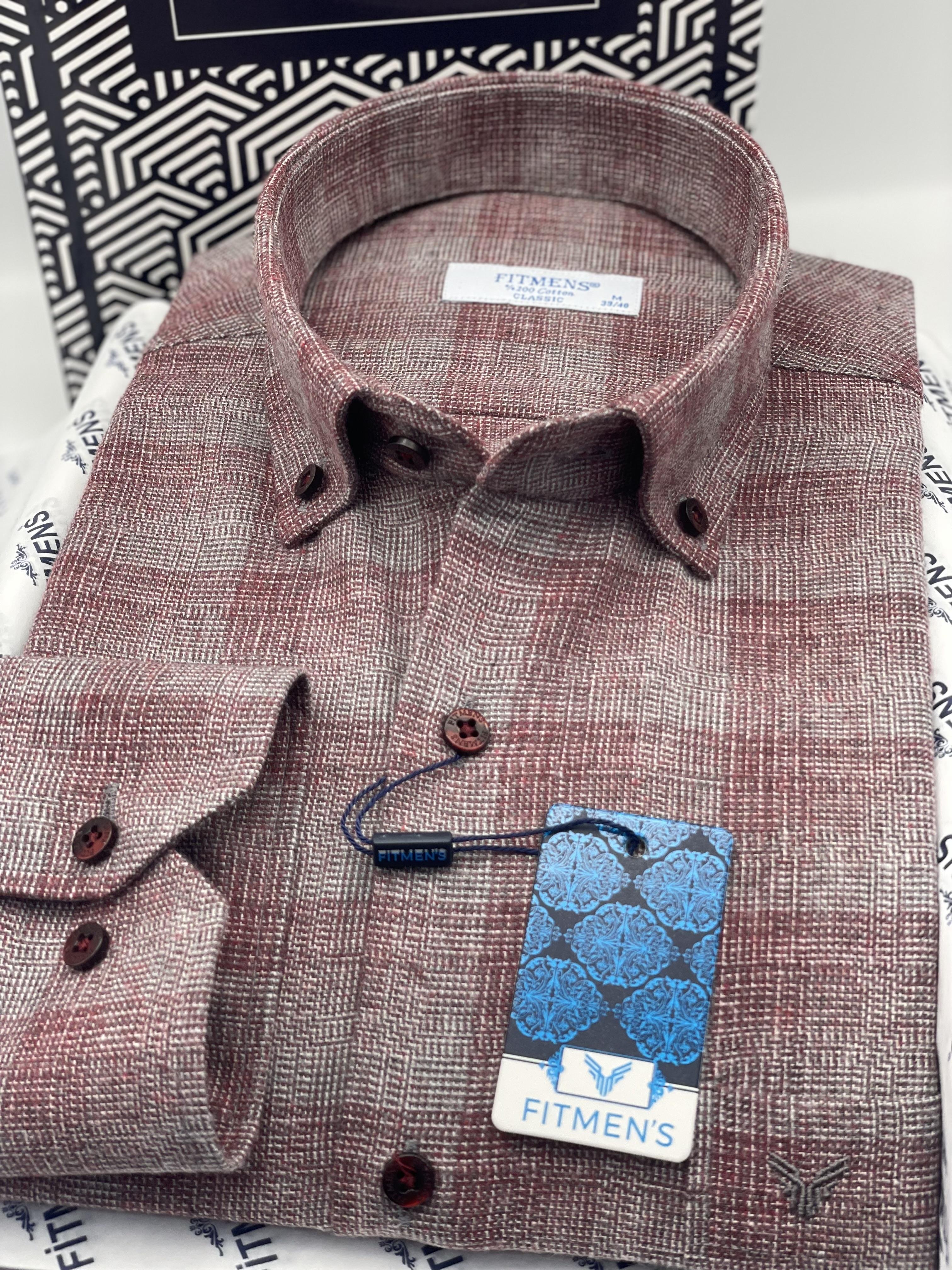 Klasik Uzun Kol Kışlık %100 Cotton Kareli Yaka Düğmeli Hediye Kutulu Erkek Gömlek FS-003135 - Bordo
